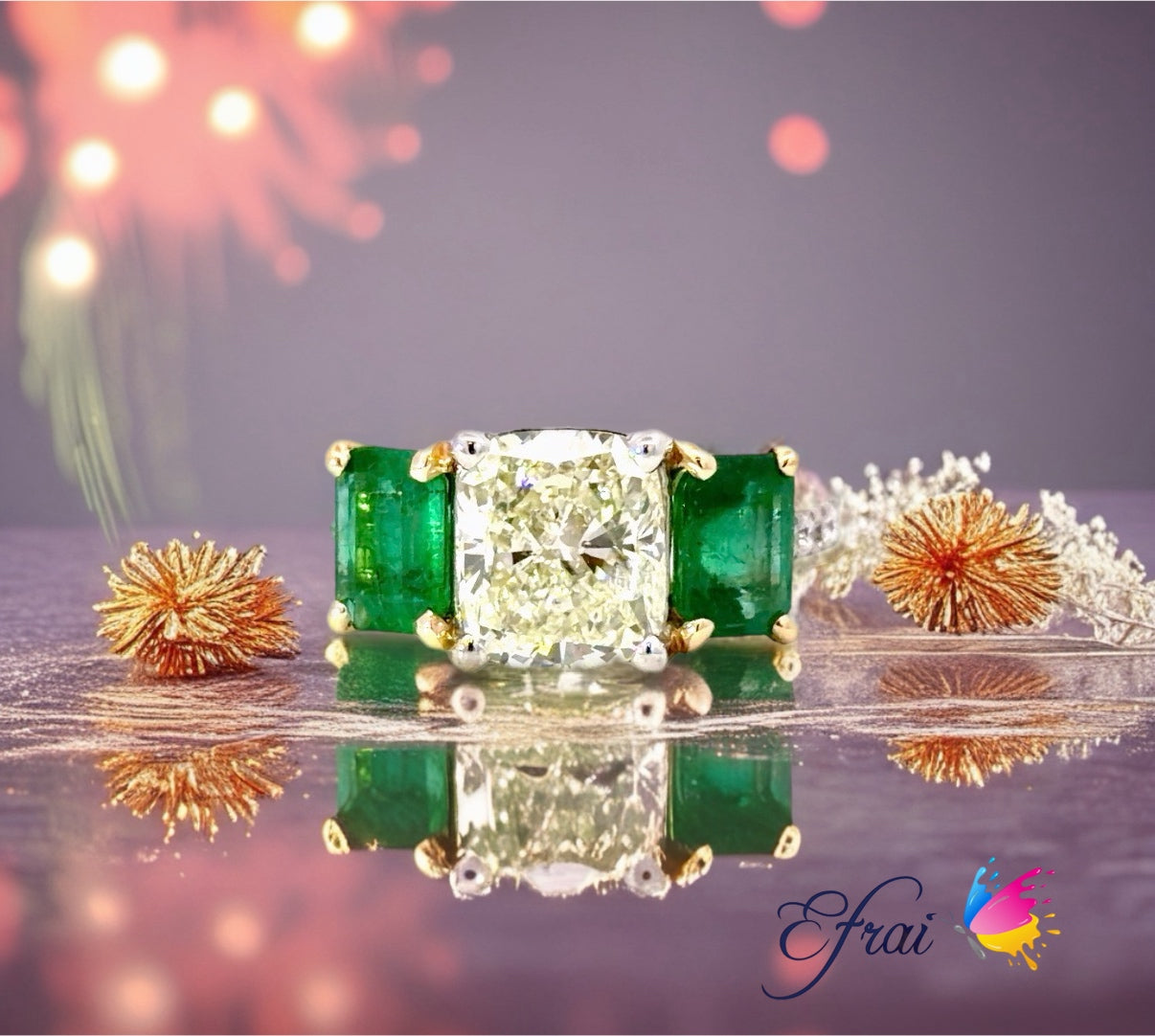 Natural Cushion Diamond and Emerald in 18K White and Yellow Gold Ring