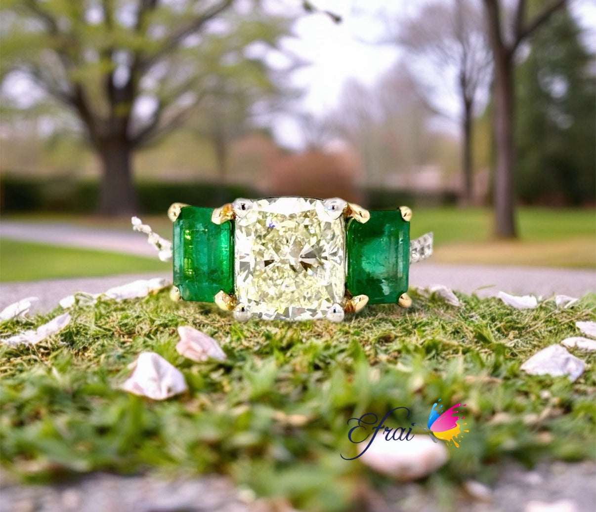 Natural Cushion Diamond and Emerald in 18K White and Yellow Gold Ring