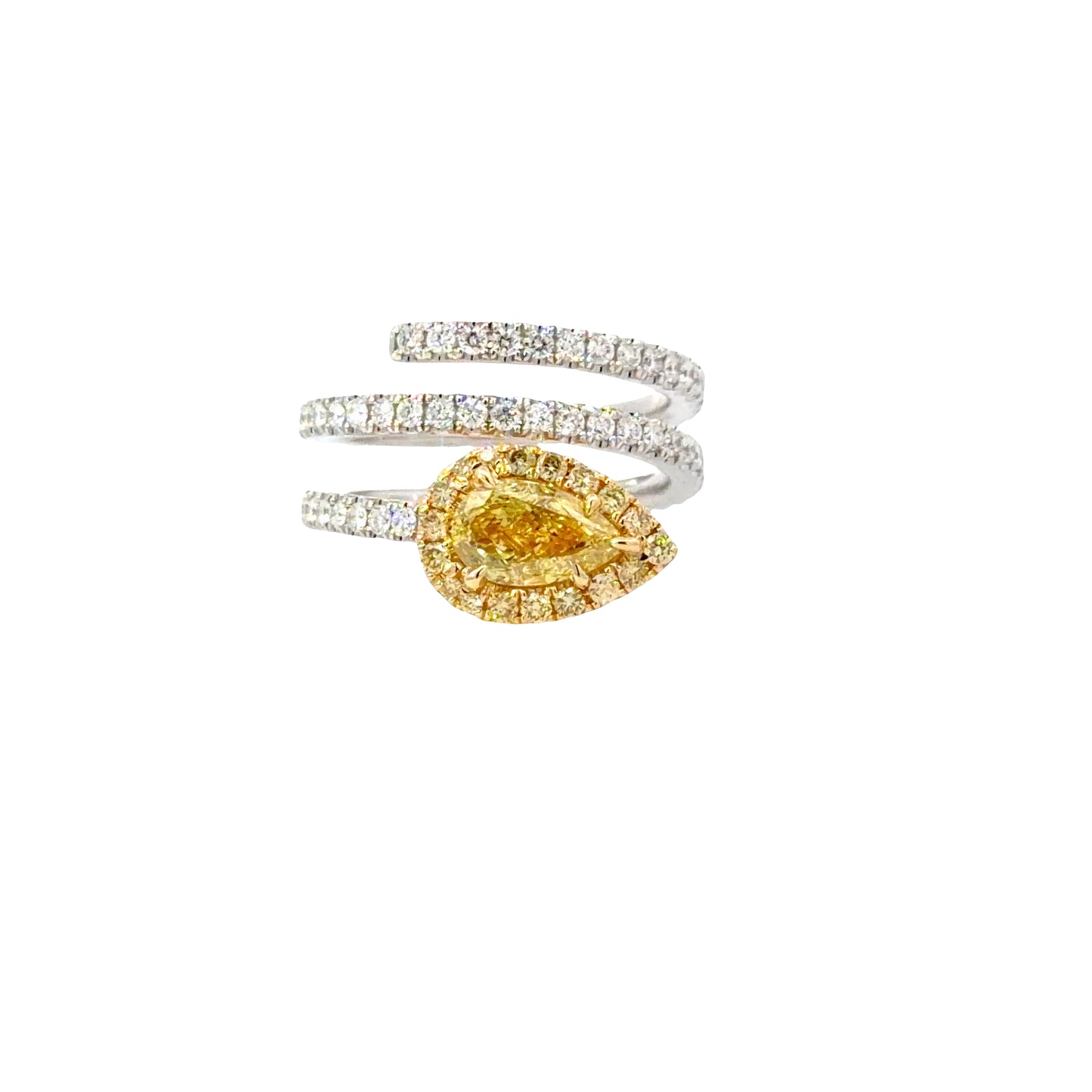 Exquisite 18K White and Yellow Gold Ring with GIA Natural Fancy Intense Yellow Pear Cut Diamond