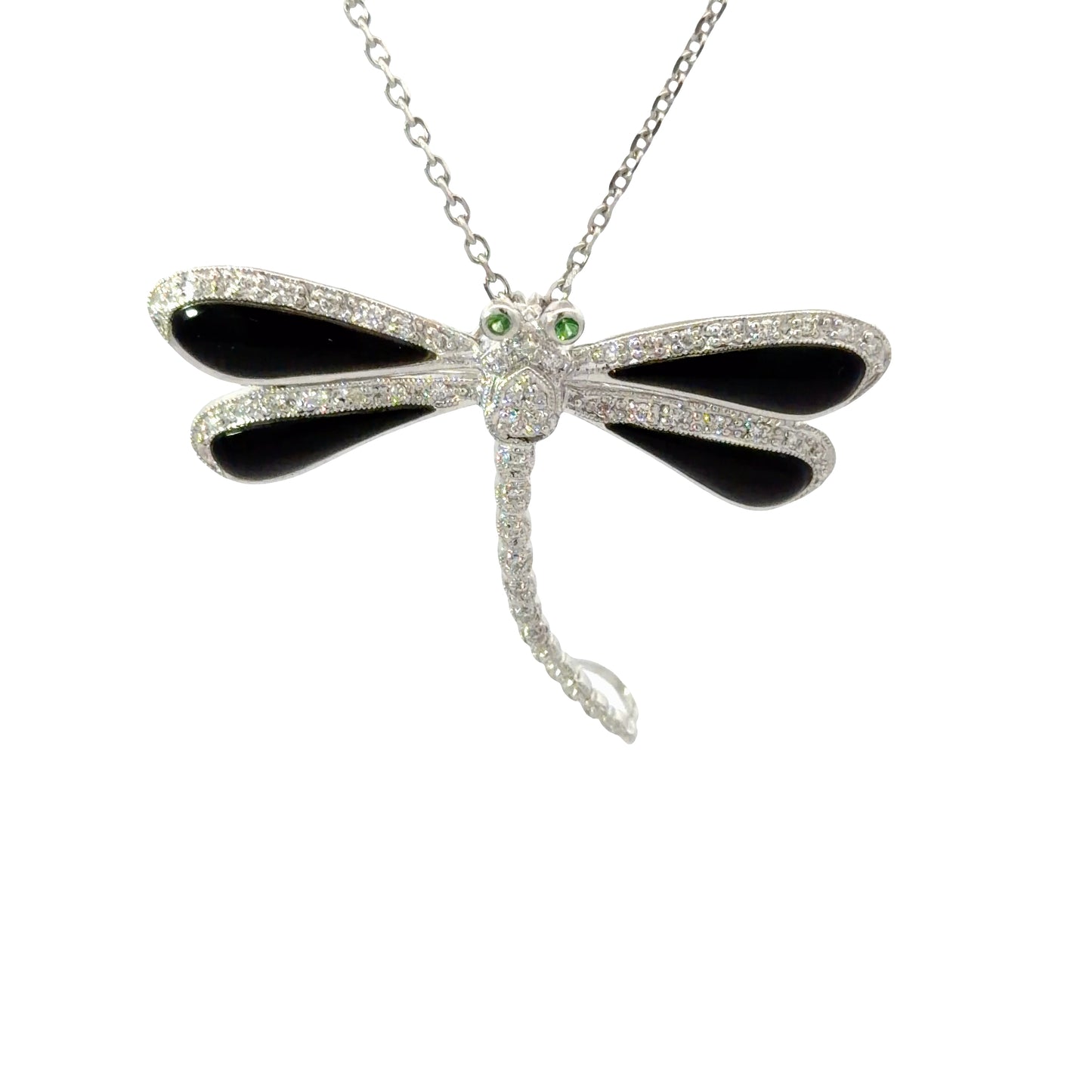 18K White Gold Dragonfly Pendant/Pin Necklace with Round Cut Diamonds