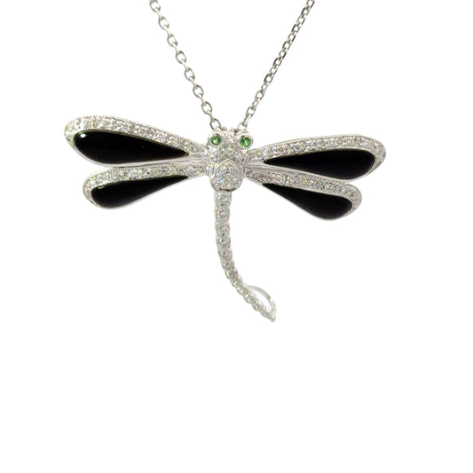 18K White Gold Dragonfly Pendant/Pin Necklace with Round Cut Diamonds