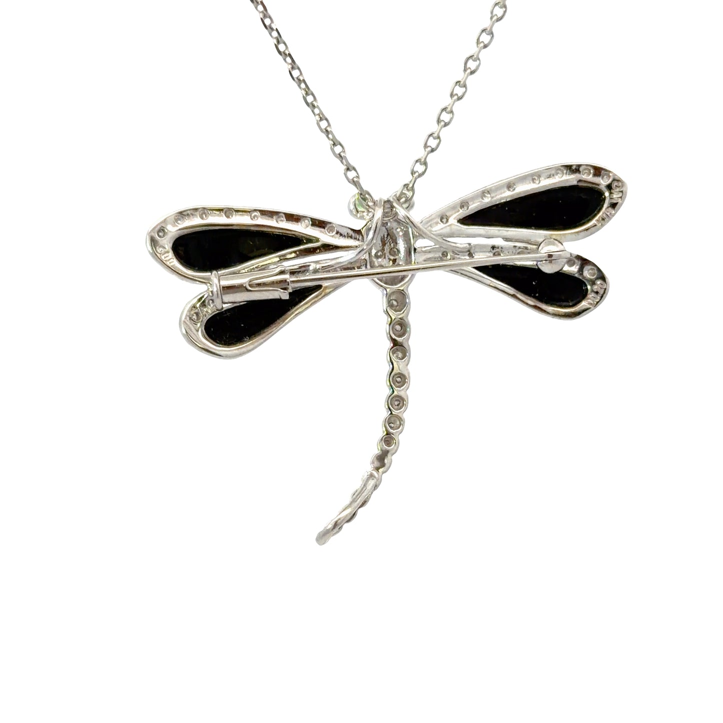 18K White Gold Dragonfly Pendant/Pin Necklace with Round Cut Diamonds