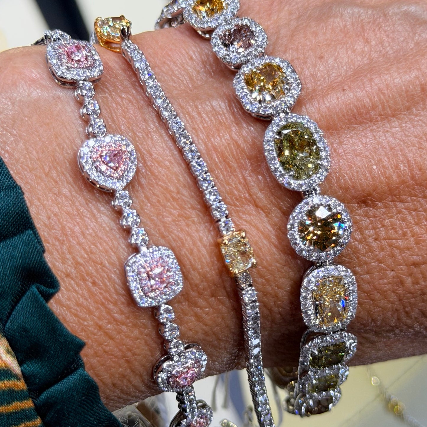 Natural Fancy Pink Heart and Cushion Brilliant Diamond Tennis Bracelet in 18K White Gold