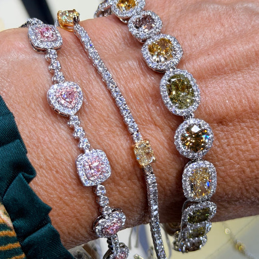 Natural Fancy Pink Heart and Cushion Brilliant Diamond Tennis Bracelet in 18K White Gold