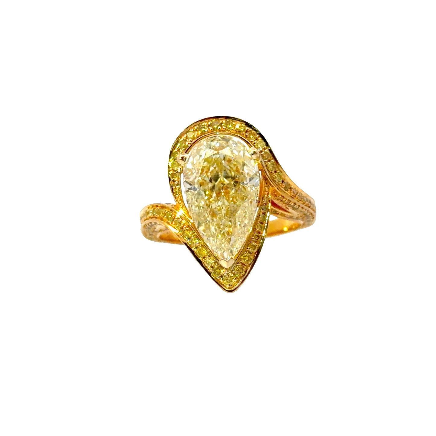 Magnificent GIA Yellow Pear Brilliant Cut Diamond Cocktail Ring in 18K Yellow Gold