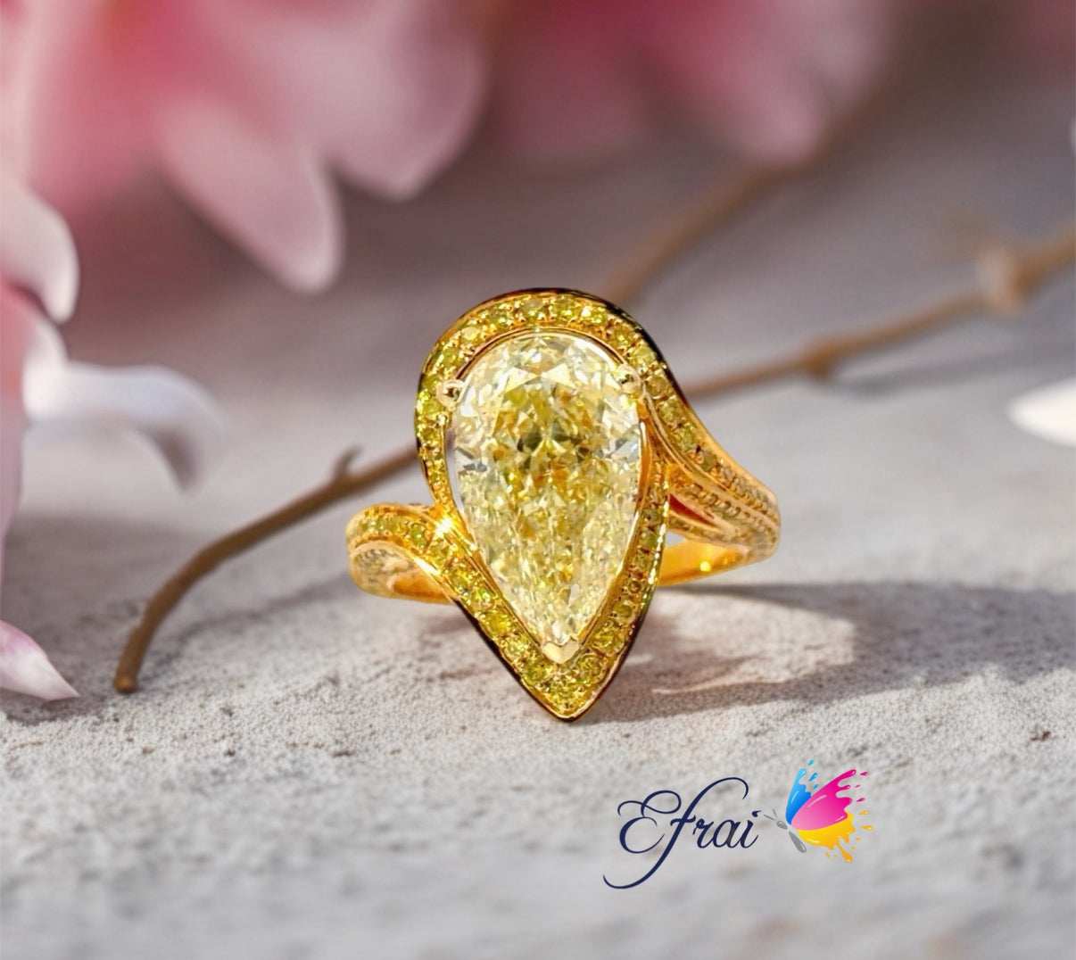 Magnificent GIA Yellow Pear Brilliant Cut Diamond Cocktail Ring in 18K Yellow Gold