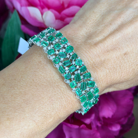 Natural multi shape Emerald and Round Diamond Wide Band Bracelet in White Gold