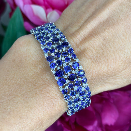 Natural Multi-Shape Vivid Blue Sapphire and Diamond Wide  Bracelet