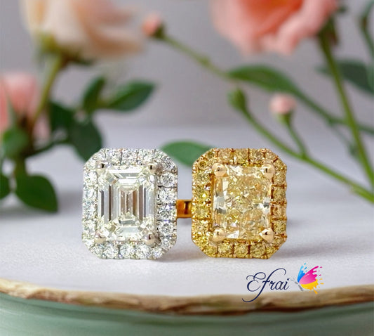 Natural GIA Fancy Yellow  and Emerald cut Diamond Toi et Moi Emerald Cut Halo Ring