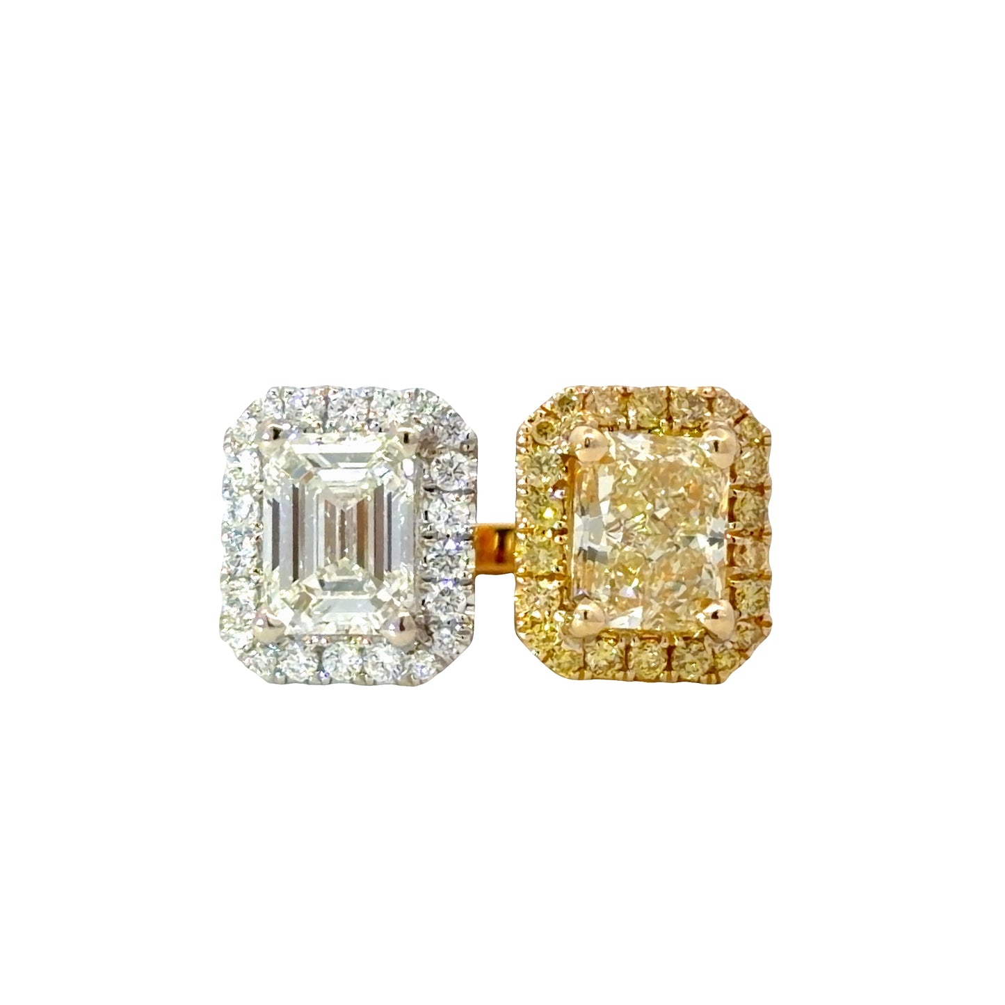 Natural GIA Fancy Yellow  and Emerald cut Diamond Toi et Moi Emerald Cut Halo Ring