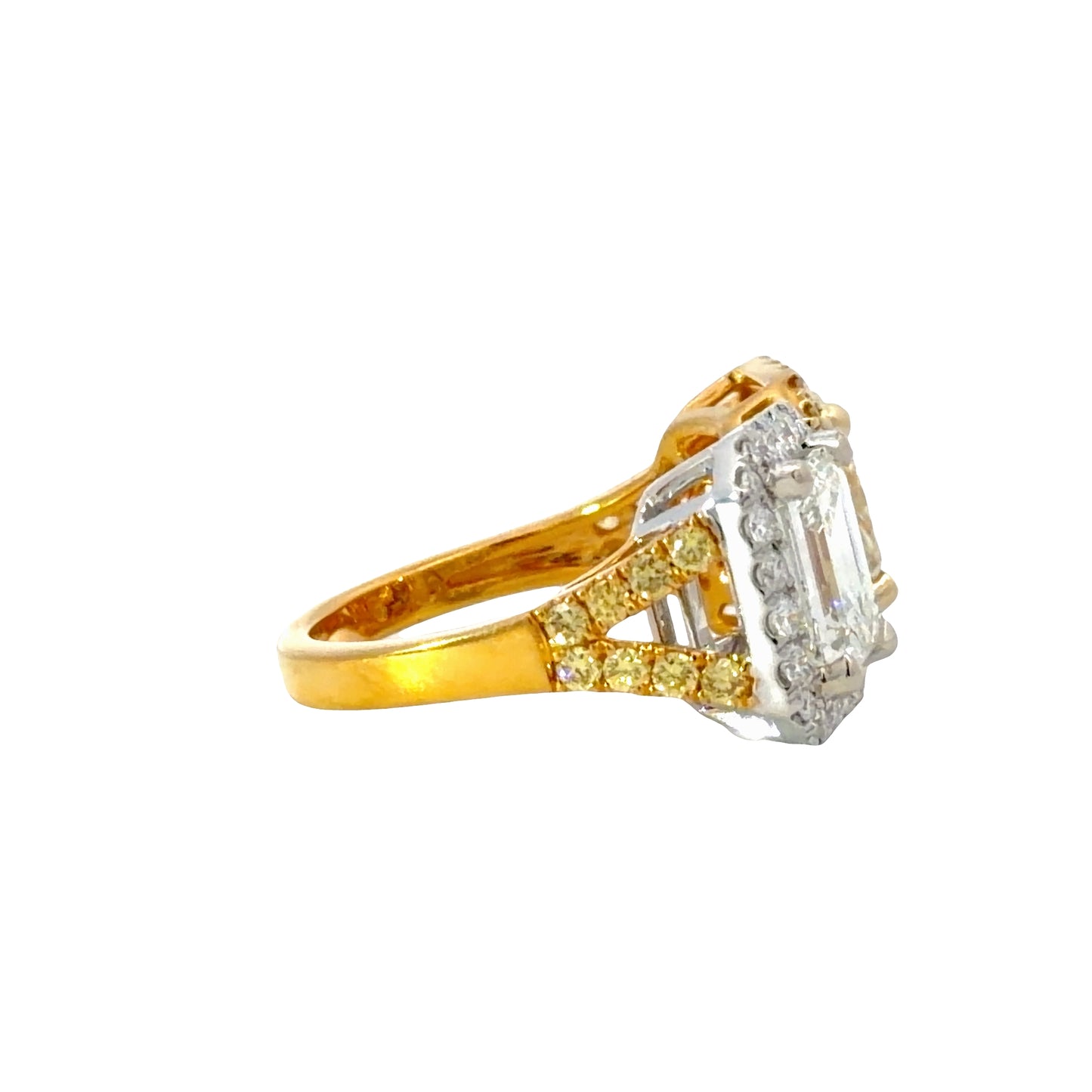 Natural GIA Fancy Yellow  and Emerald cut Diamond Toi et Moi Emerald Cut Halo Ring