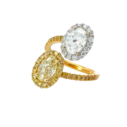 Natural GIA Oval Fancy Yellow and White Diamond Toi et Moi Bypass Halo Ring in 18k White and Yellow Gold