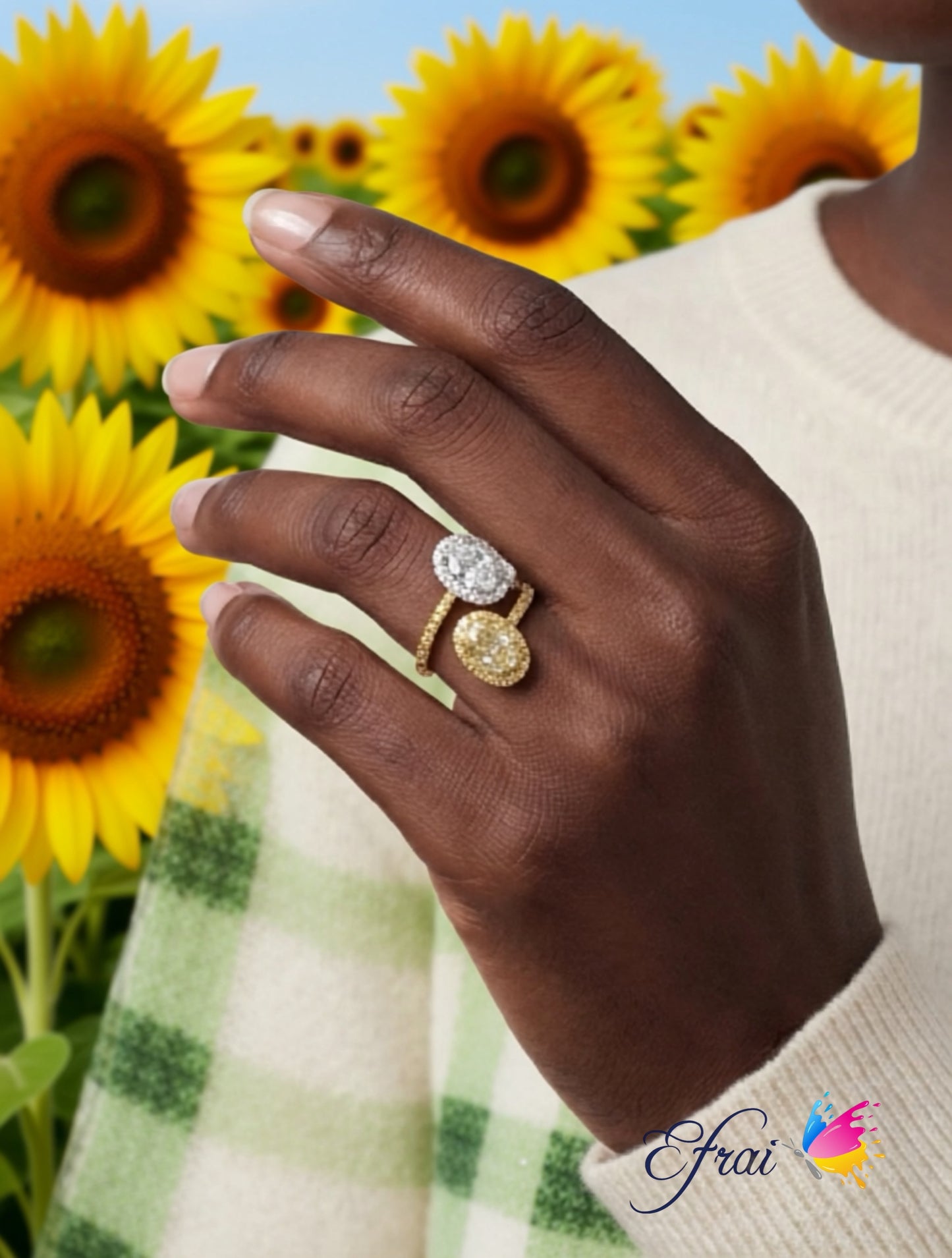 Natural GIA Oval Fancy Yellow and White Diamond Toi et Moi Bypass Halo Ring in 18k White and Yellow Gold
