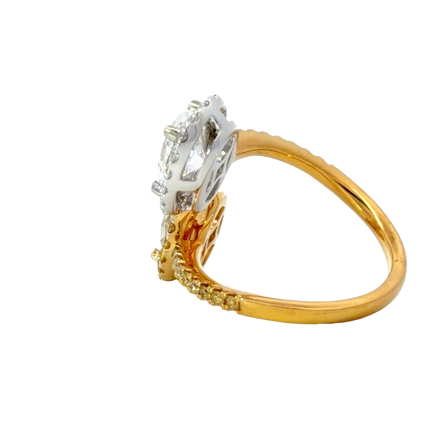 Natural GIA Oval Fancy Yellow and White Diamond Toi et Moi Bypass Halo Ring in 18k White and Yellow Gold