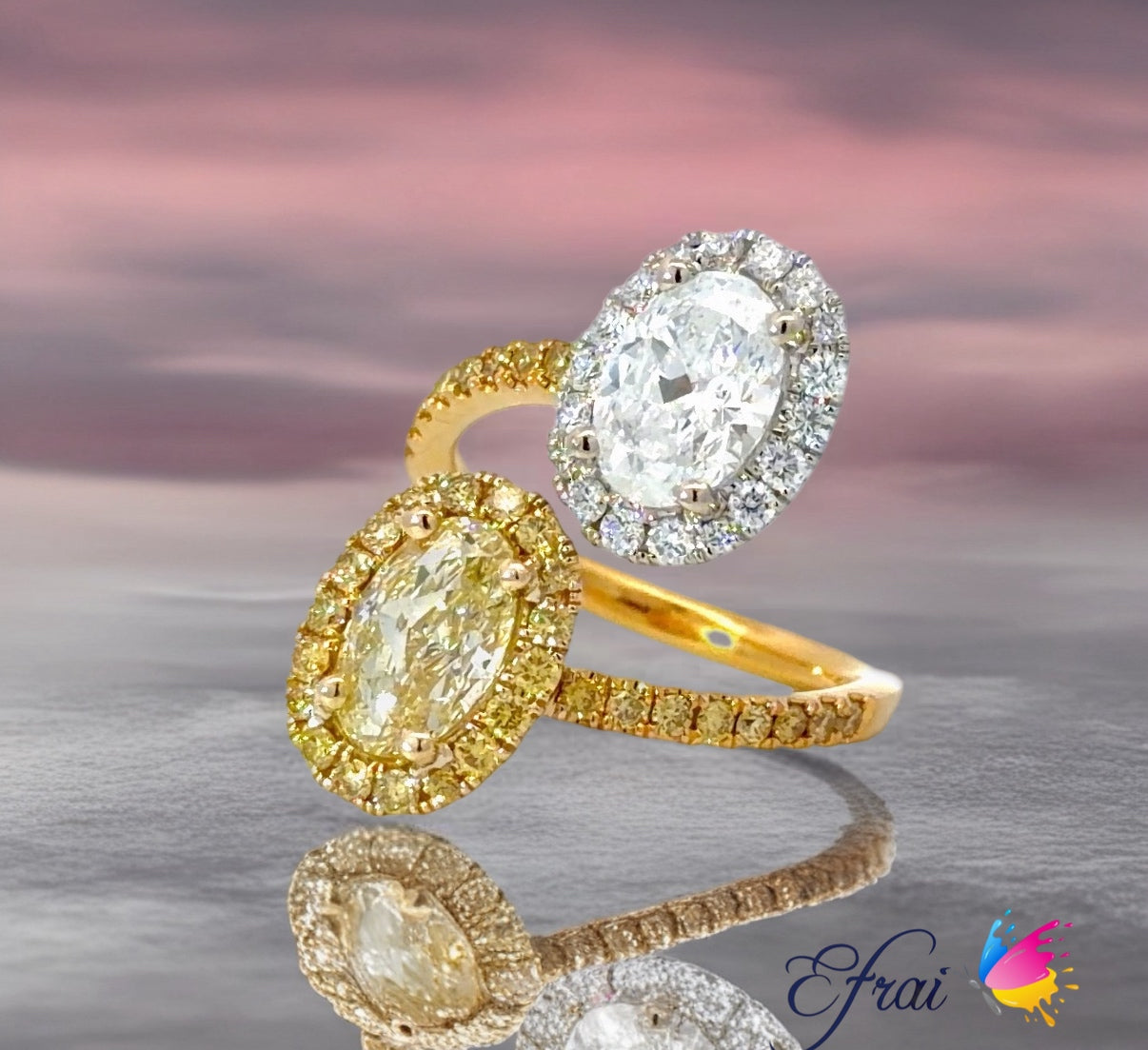 Natural GIA Oval Fancy Yellow and White Diamond Toi et Moi Bypass Halo Ring in 18k White and Yellow Gold