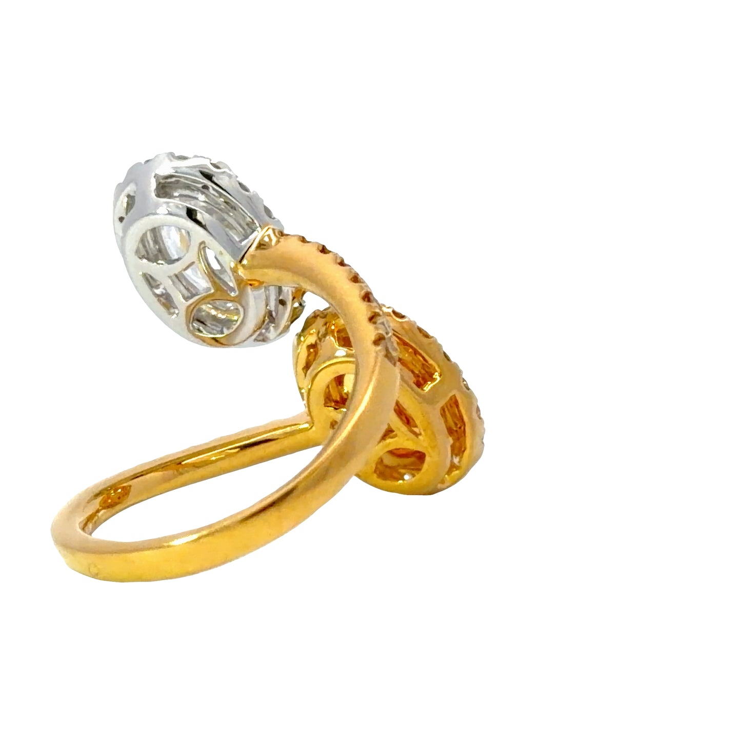 Natural GIA Oval Fancy Yellow and White Diamond Toi et Moi Bypass Halo Ring in 18k White and Yellow Gold