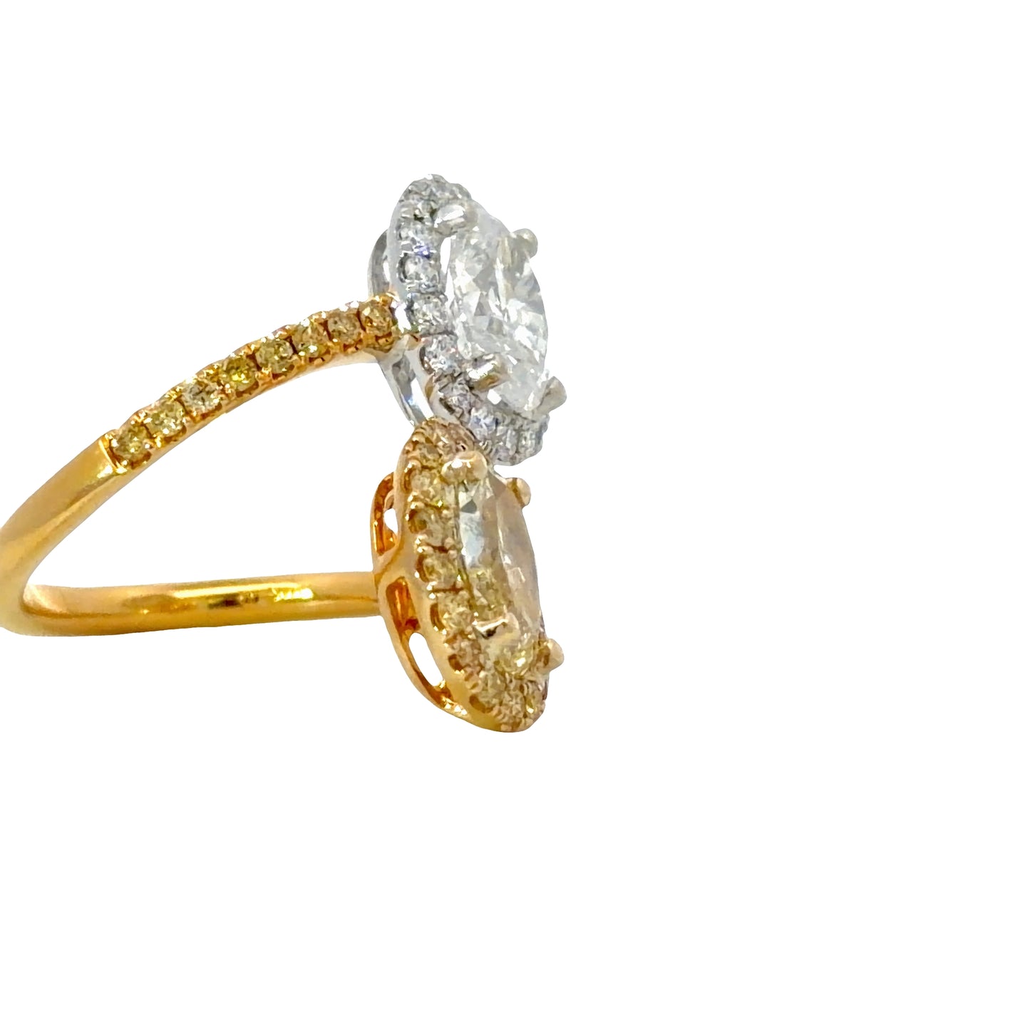 Natural GIA Oval Fancy Yellow and White Diamond Toi et Moi Bypass Halo Ring in 18k White and Yellow Gold