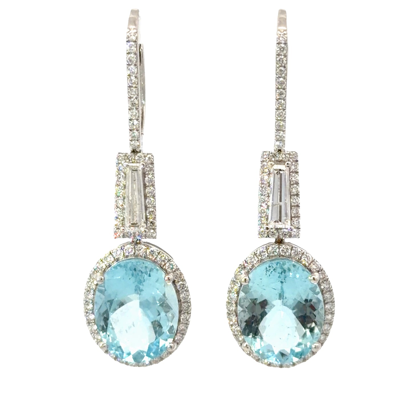 Natural Oval Aquamarines Halo Drop Earrings in white gold