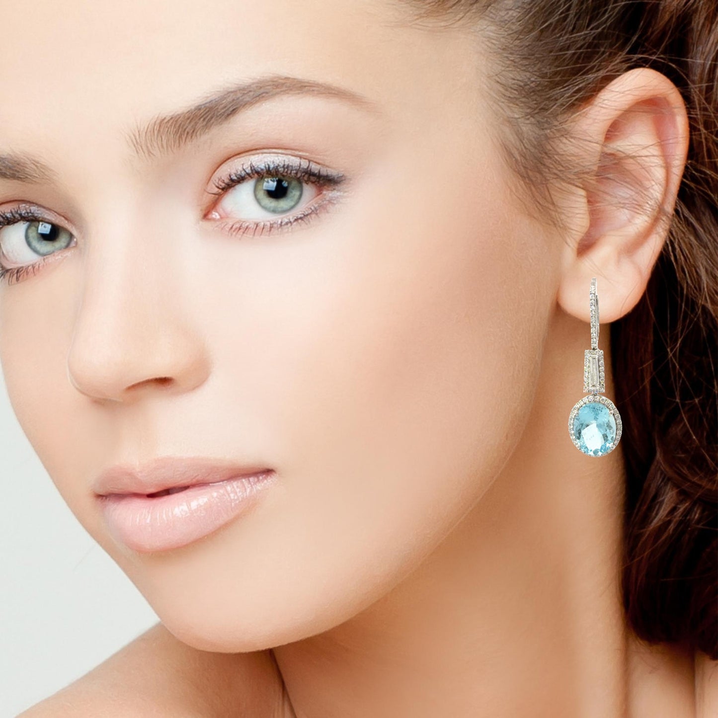 Natural Oval Aquamarines Halo Drop Earrings in white gold