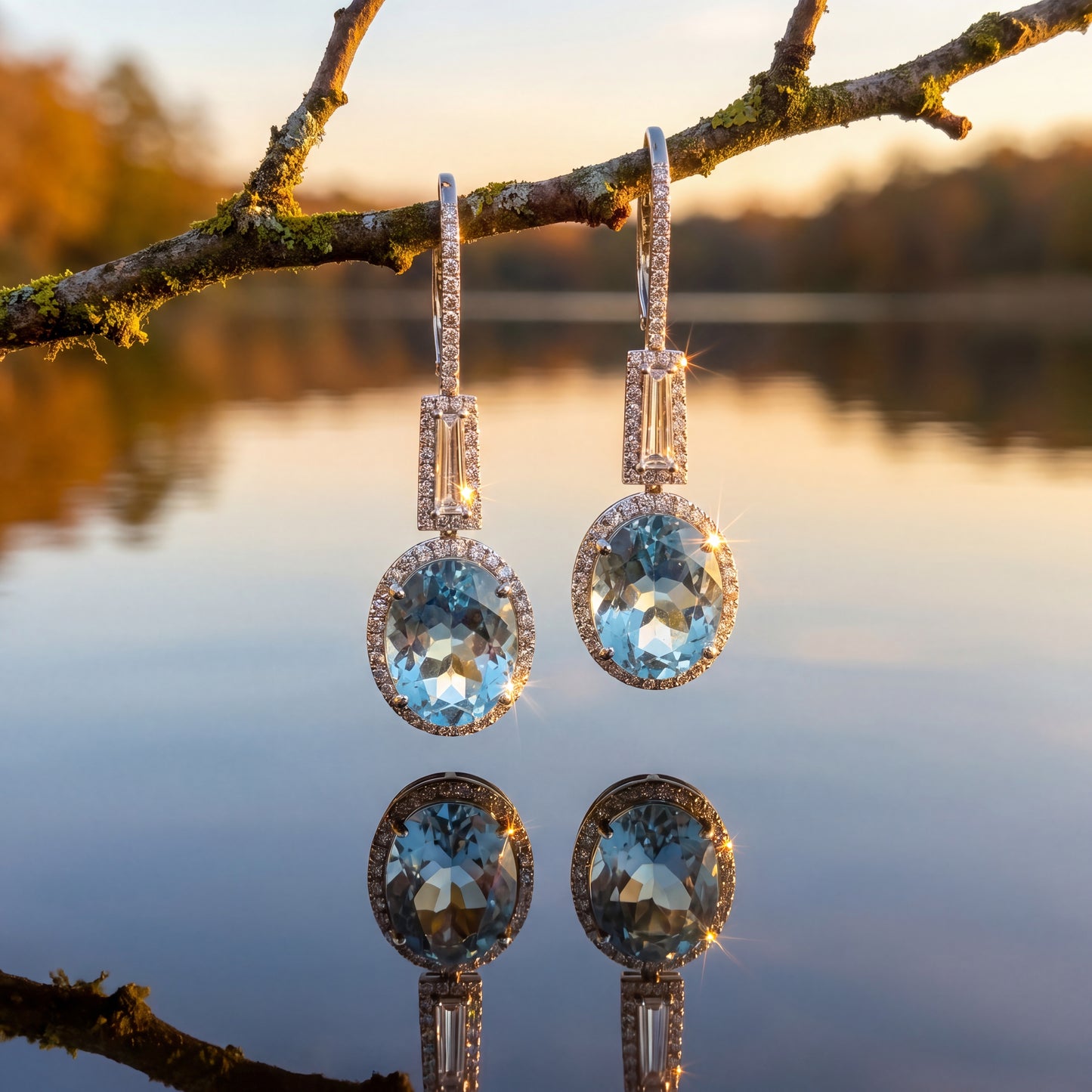 Natural Oval Aquamarines Halo Drop Earrings in white gold