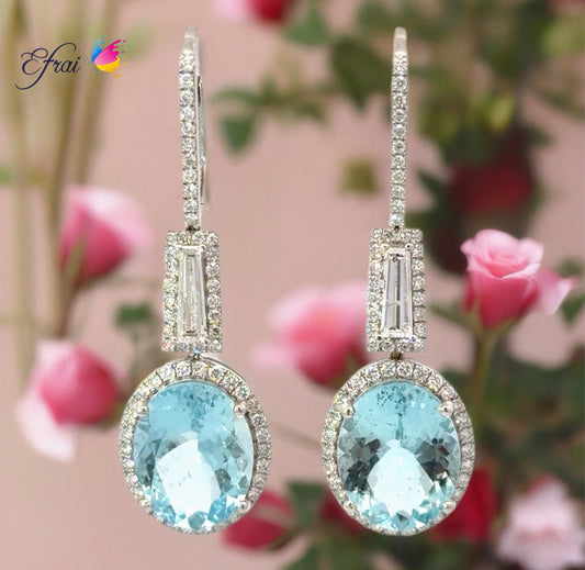 Natural Oval Aquamarines Halo Drop Earrings in white gold