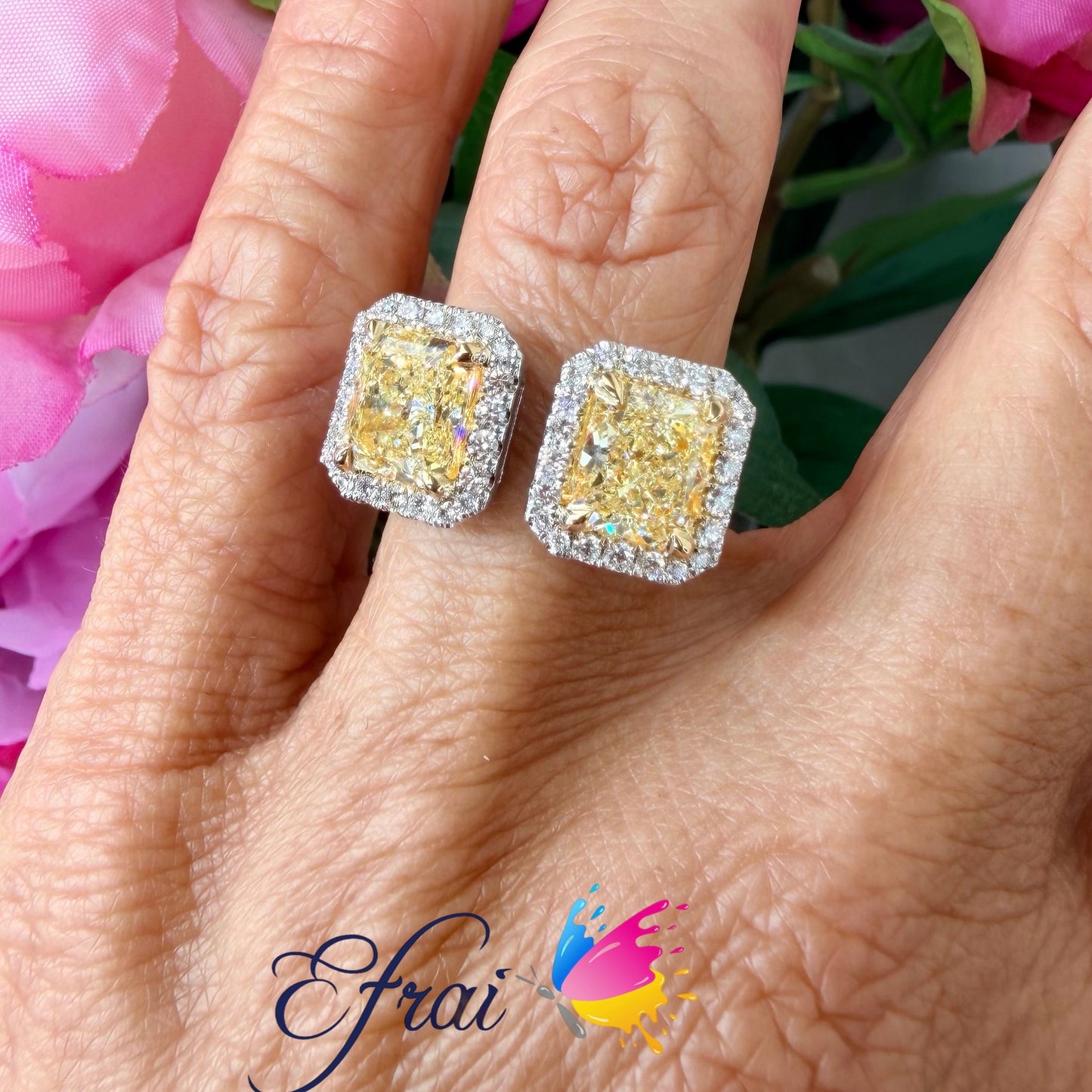 GIA Natural Radiant Yellow Diamonds Halo Moi et Toi ring set in 18K Gold
