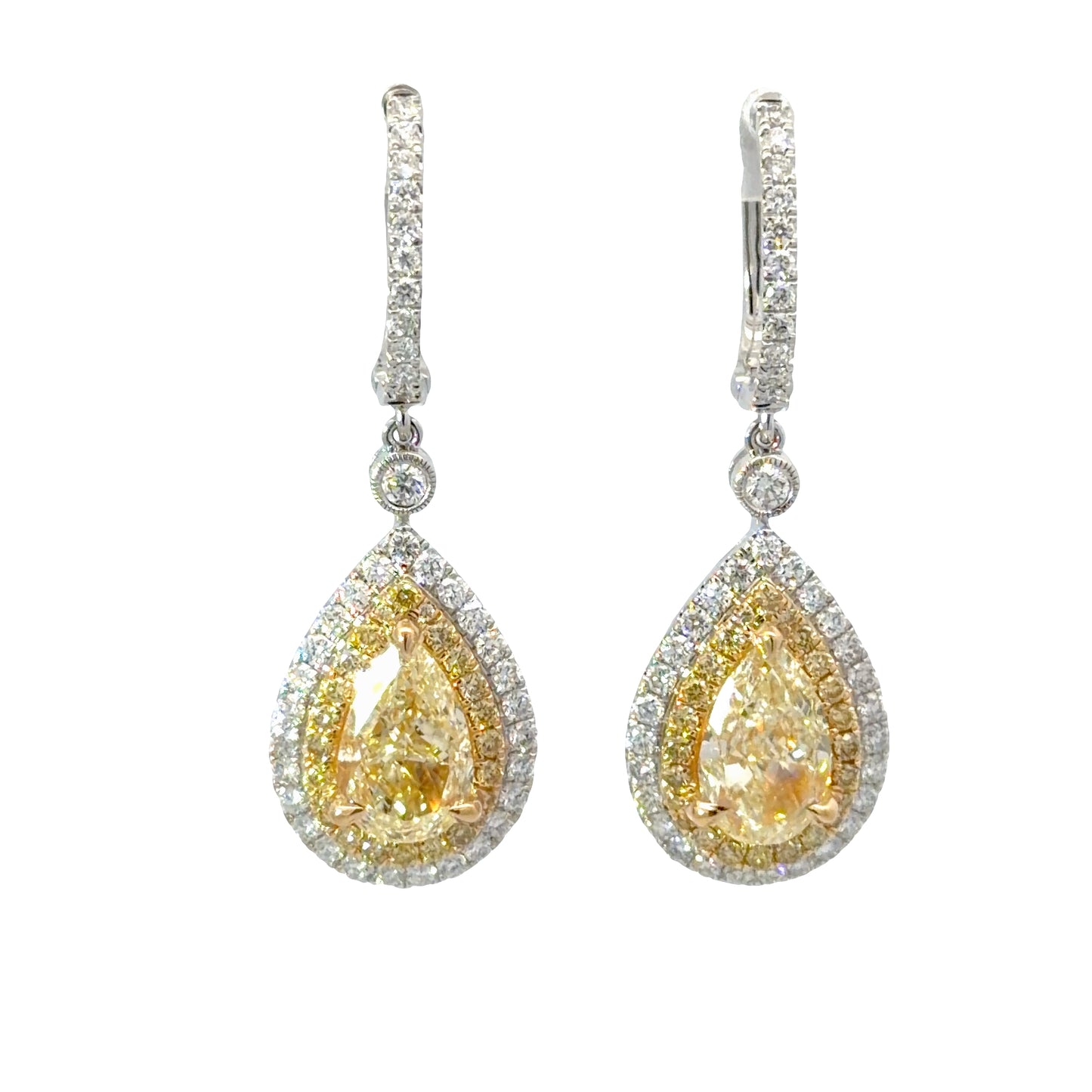 GIA certified Natural  Pear shaped Yellow Diamonds Double Halo Drop Earrings