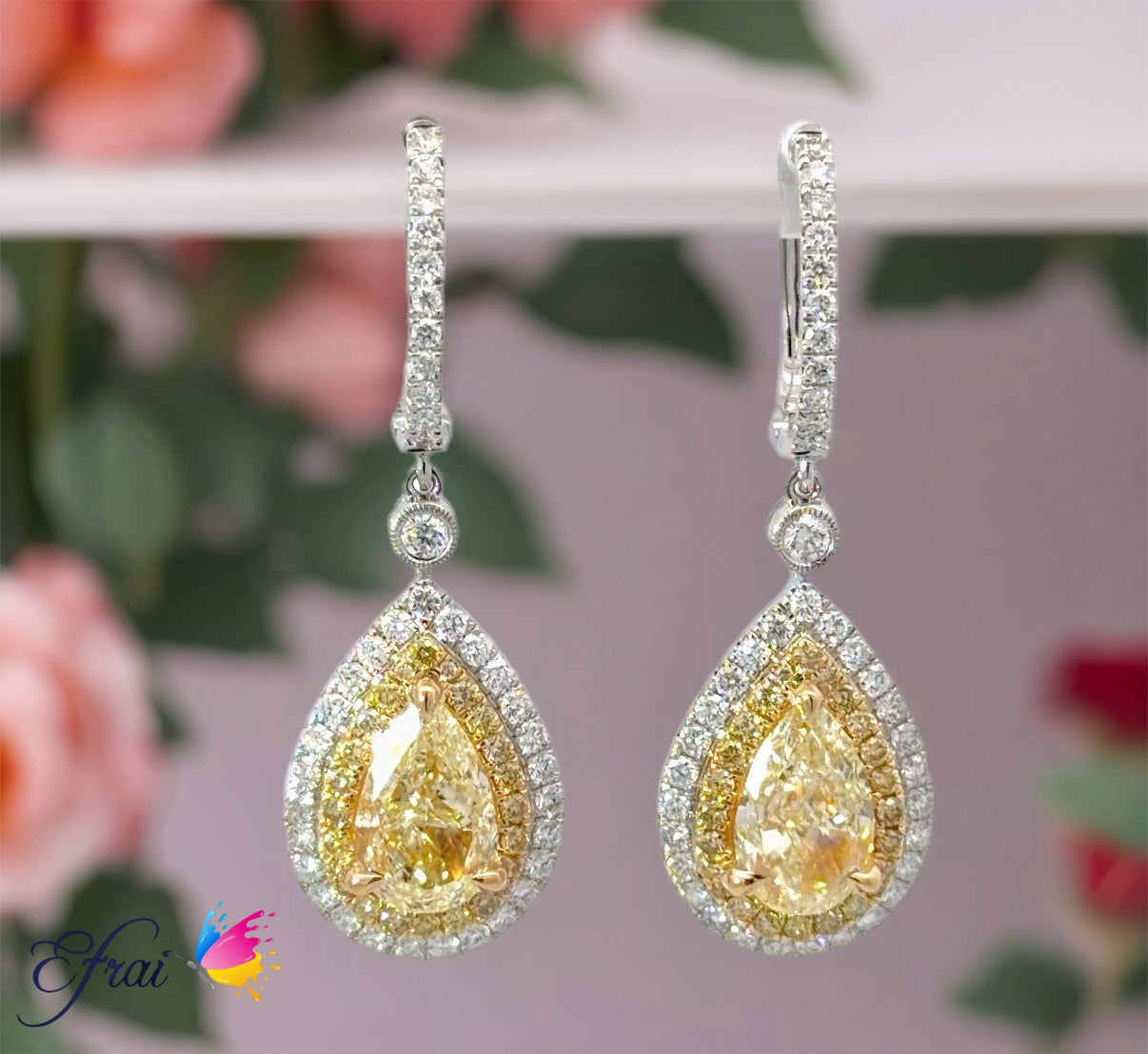 GIA certified Natural  Pear shaped Yellow Diamonds Double Halo Drop Earrings