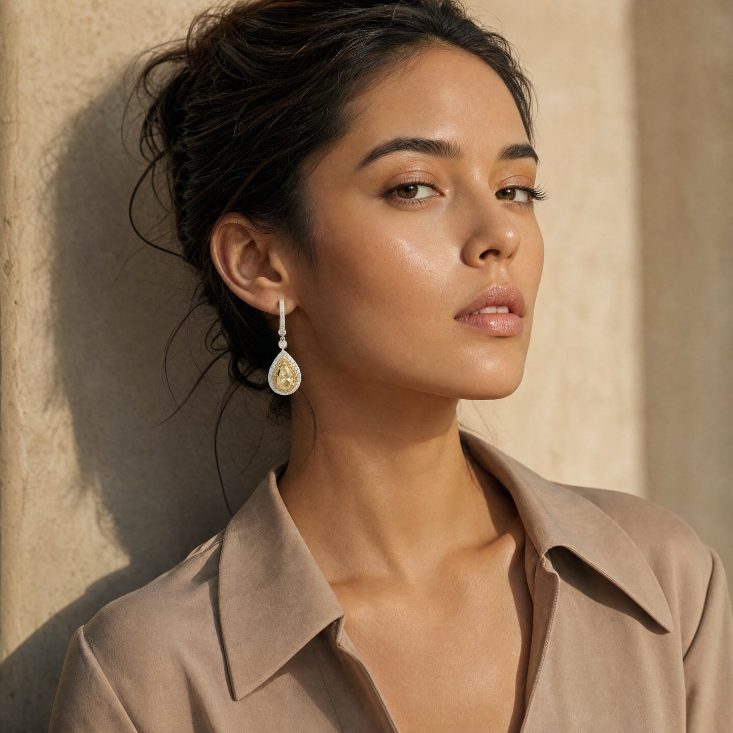GIA certified Natural  Pear shaped Yellow Diamonds Double Halo Drop Earrings