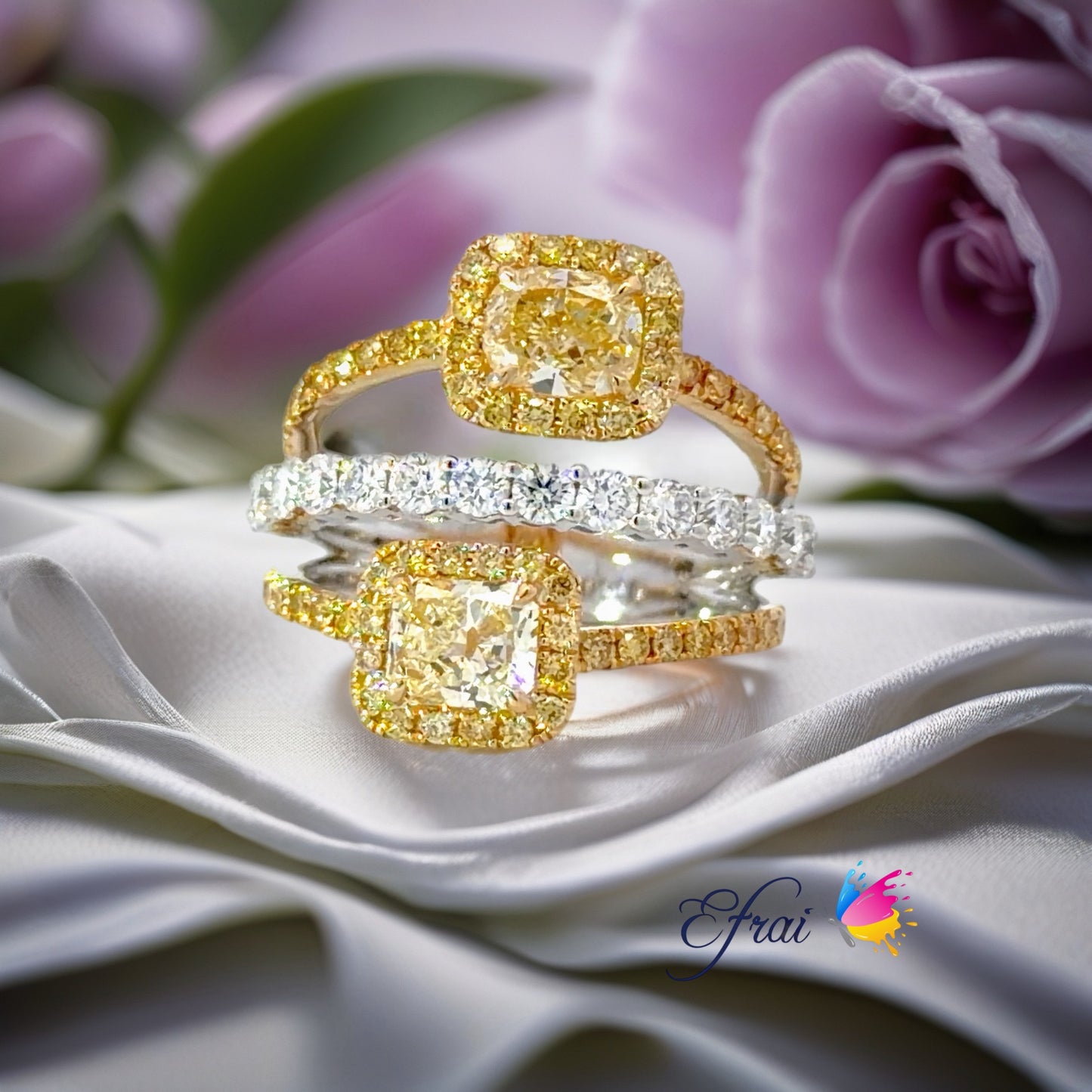 Natural GIA Fancy Yellow Diamond Stackable Rings in white and yellow Gold