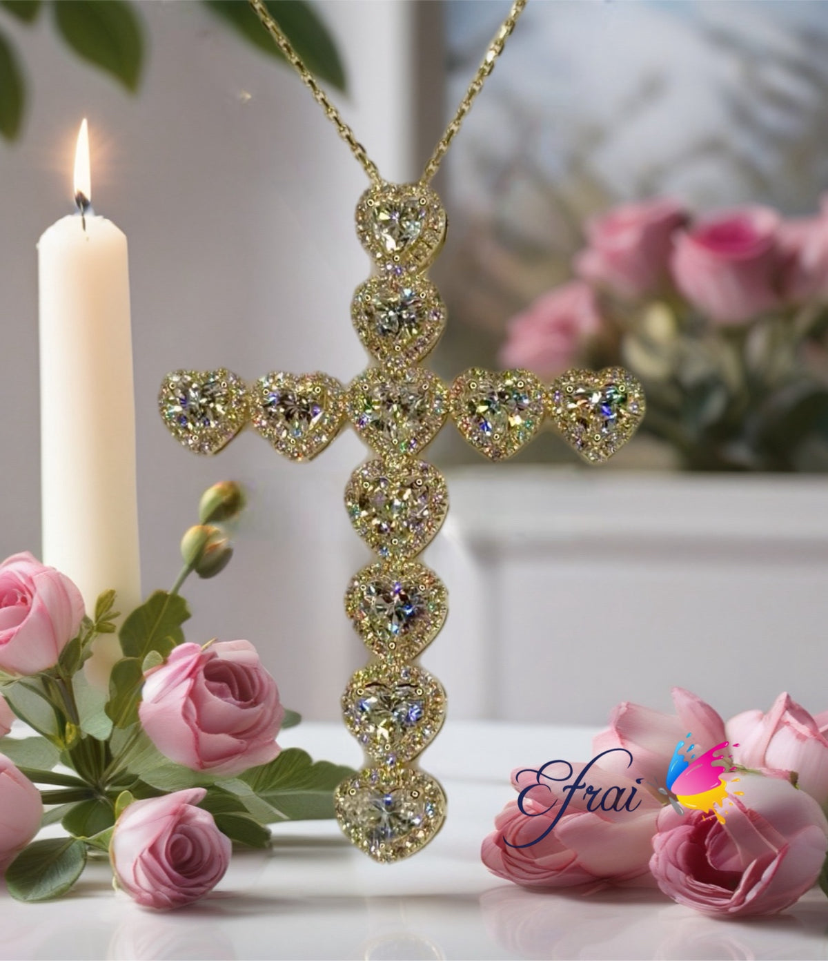 Heart-Shaped Diamond Halo Cross Pendant in Yellow Gold
