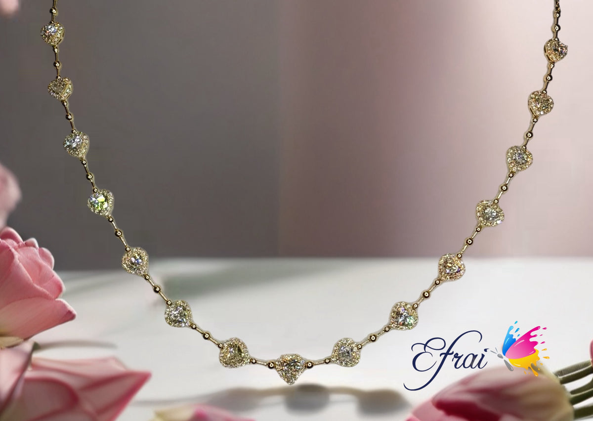 Yellow Gold natural Heart shaped Diamonds Station Chain Necklace