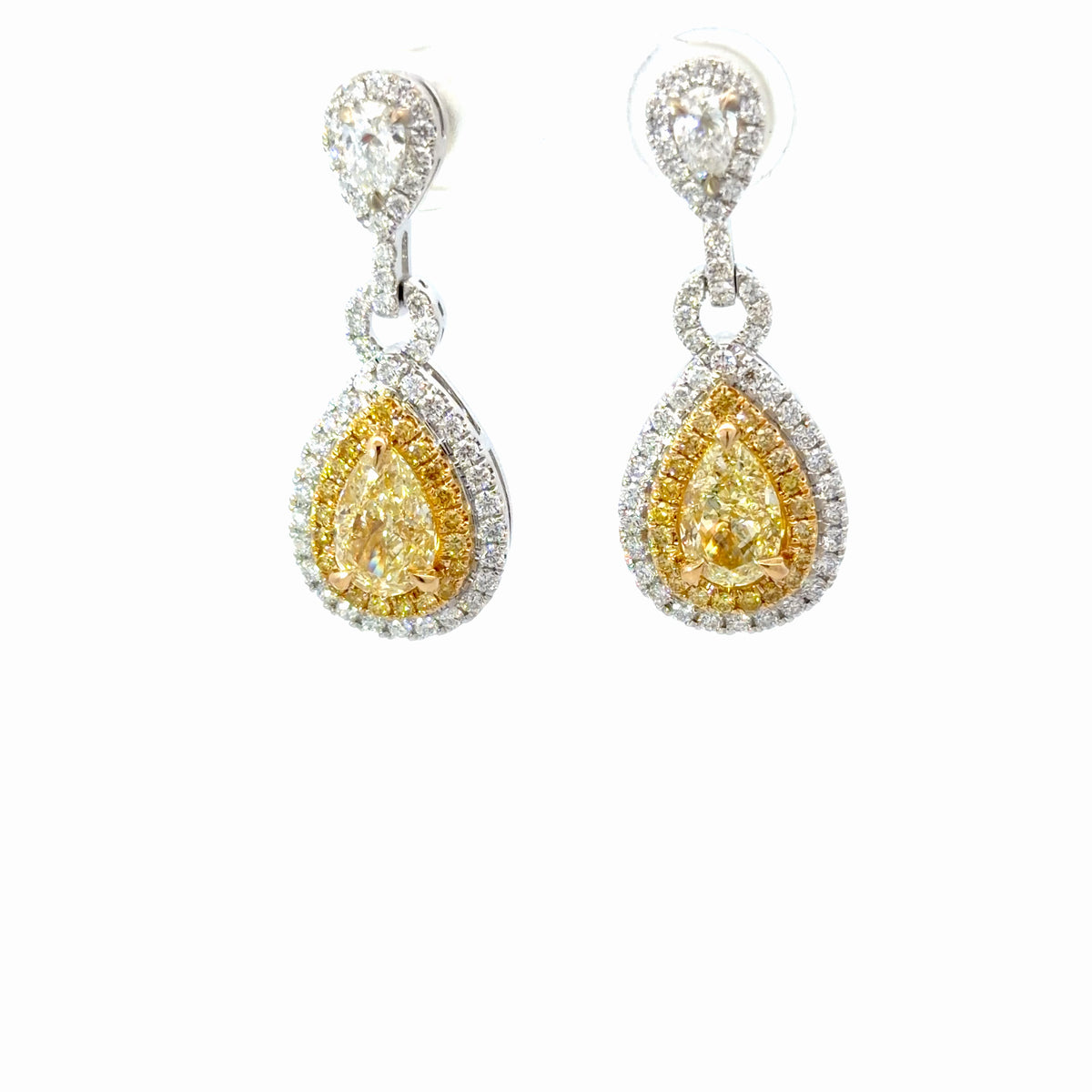 GIA Natural Fancy Yellow Diamond Double Halo Drop Earrings in White Gold