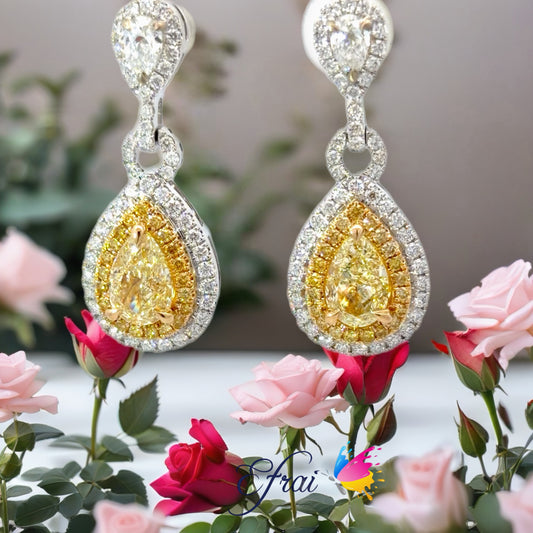 GIA Natural Fancy Yellow Diamond Double Halo Drop Earrings in White Gold