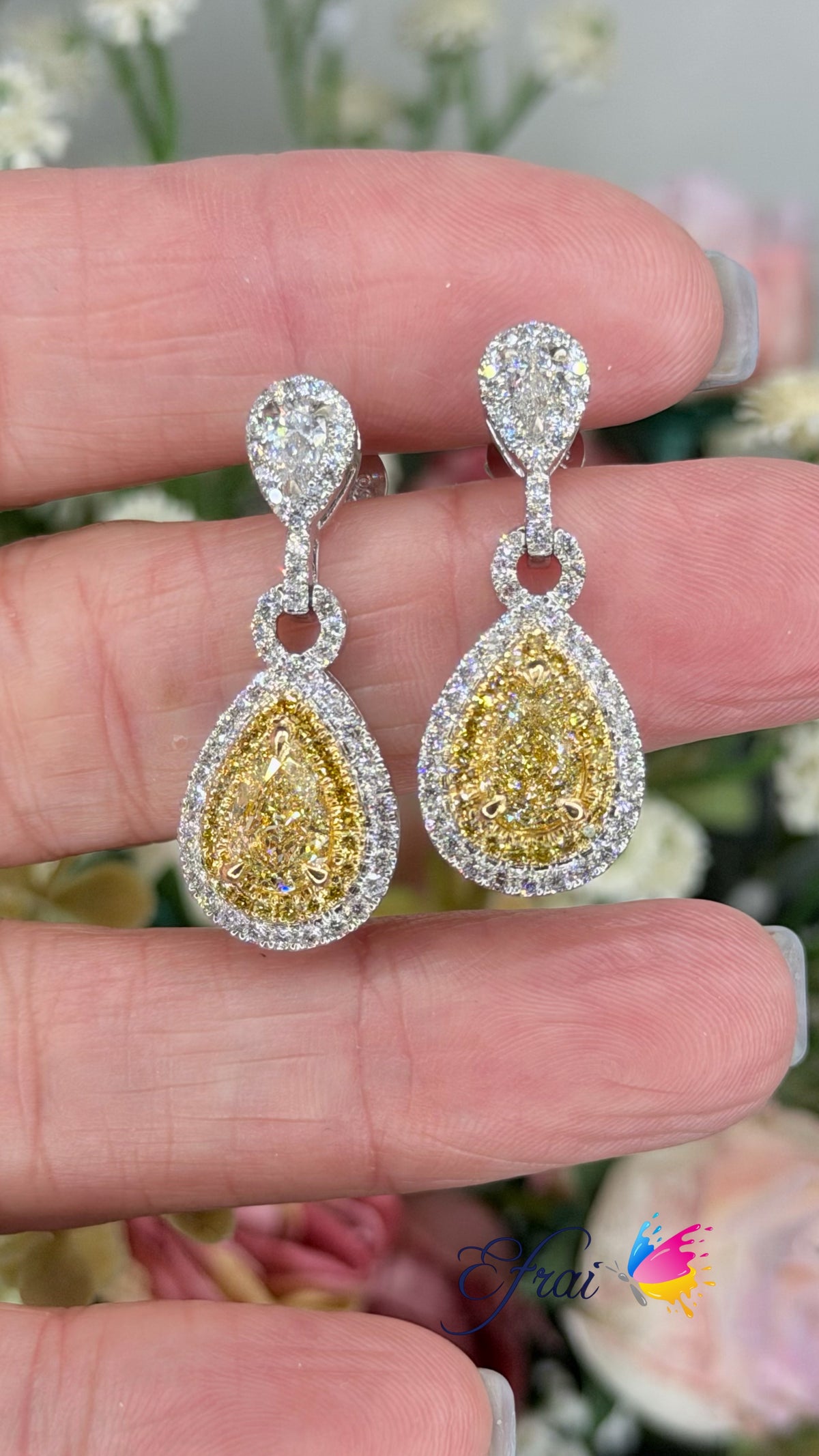 GIA Natural Fancy Yellow Diamond Double Halo Drop Earrings in White Gold
