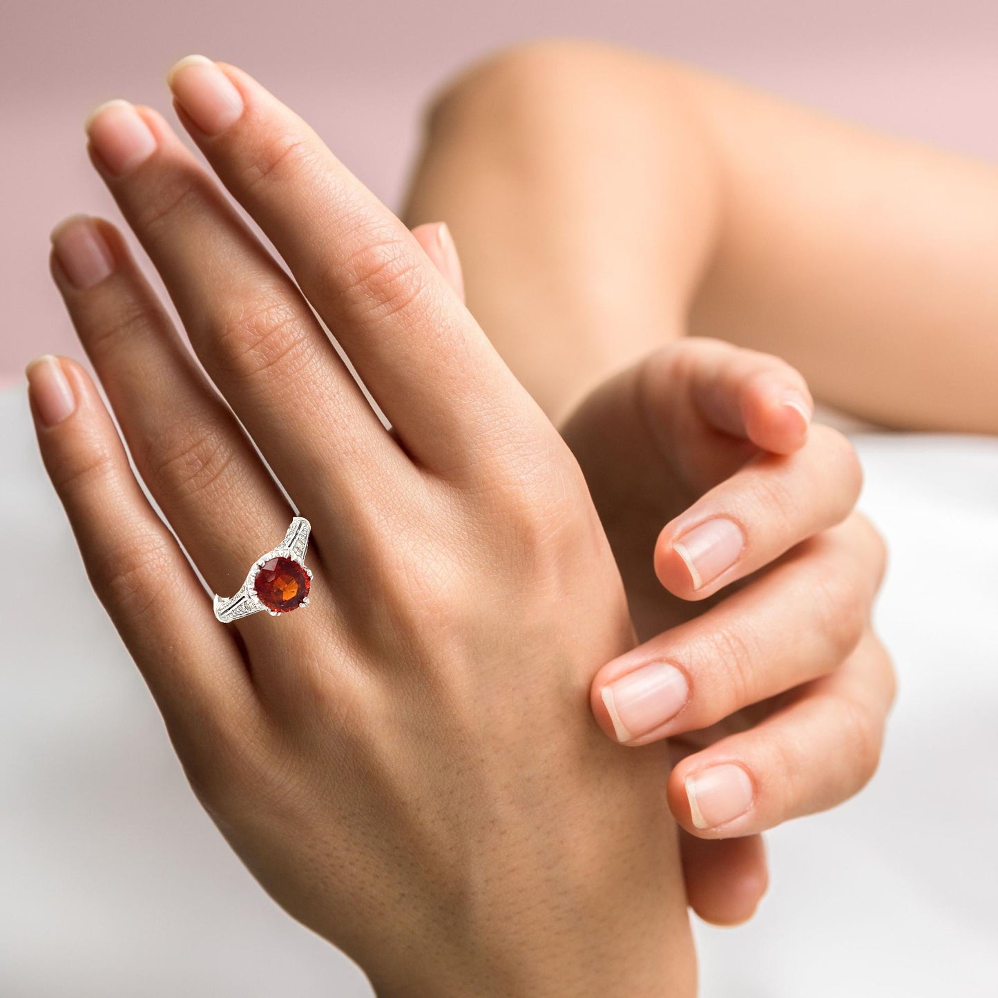 Deep blood orange garnet diamonds ring