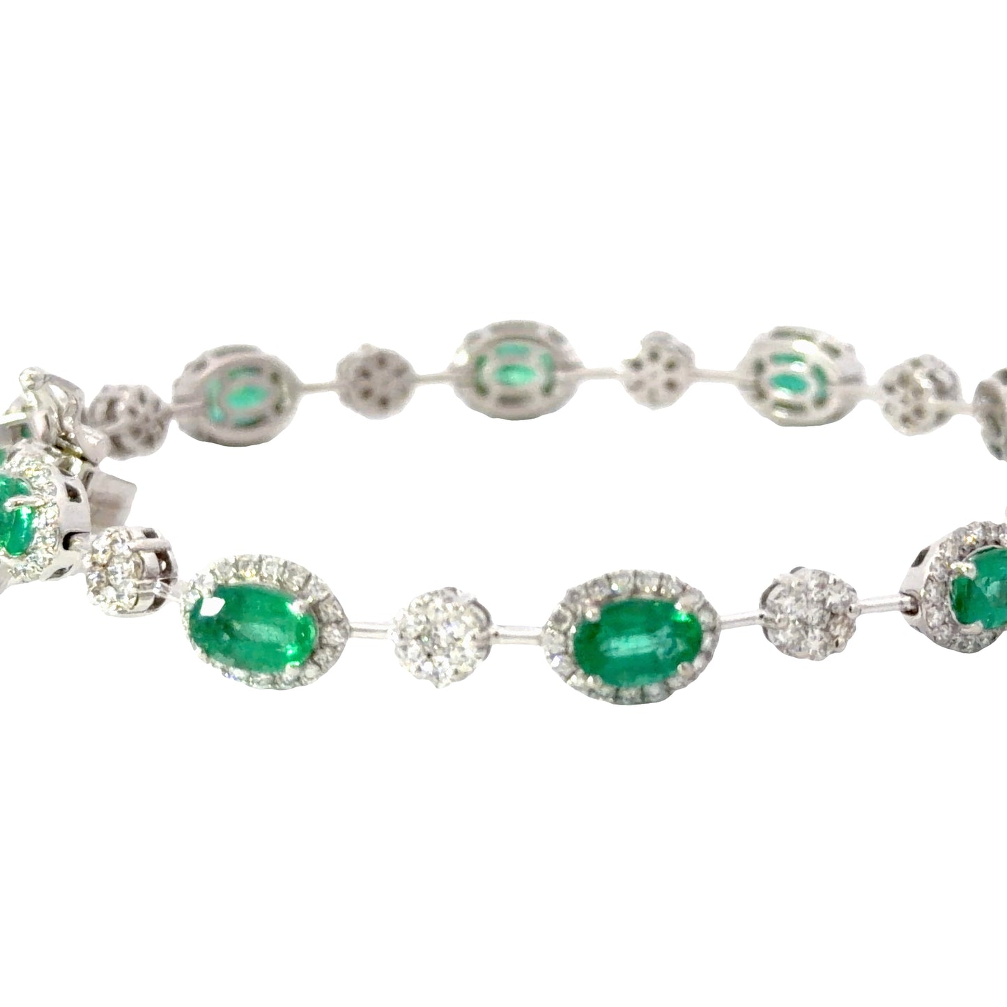 18K White Gold Tennis Bracelet with Natural Oval Emeralds and diamonds