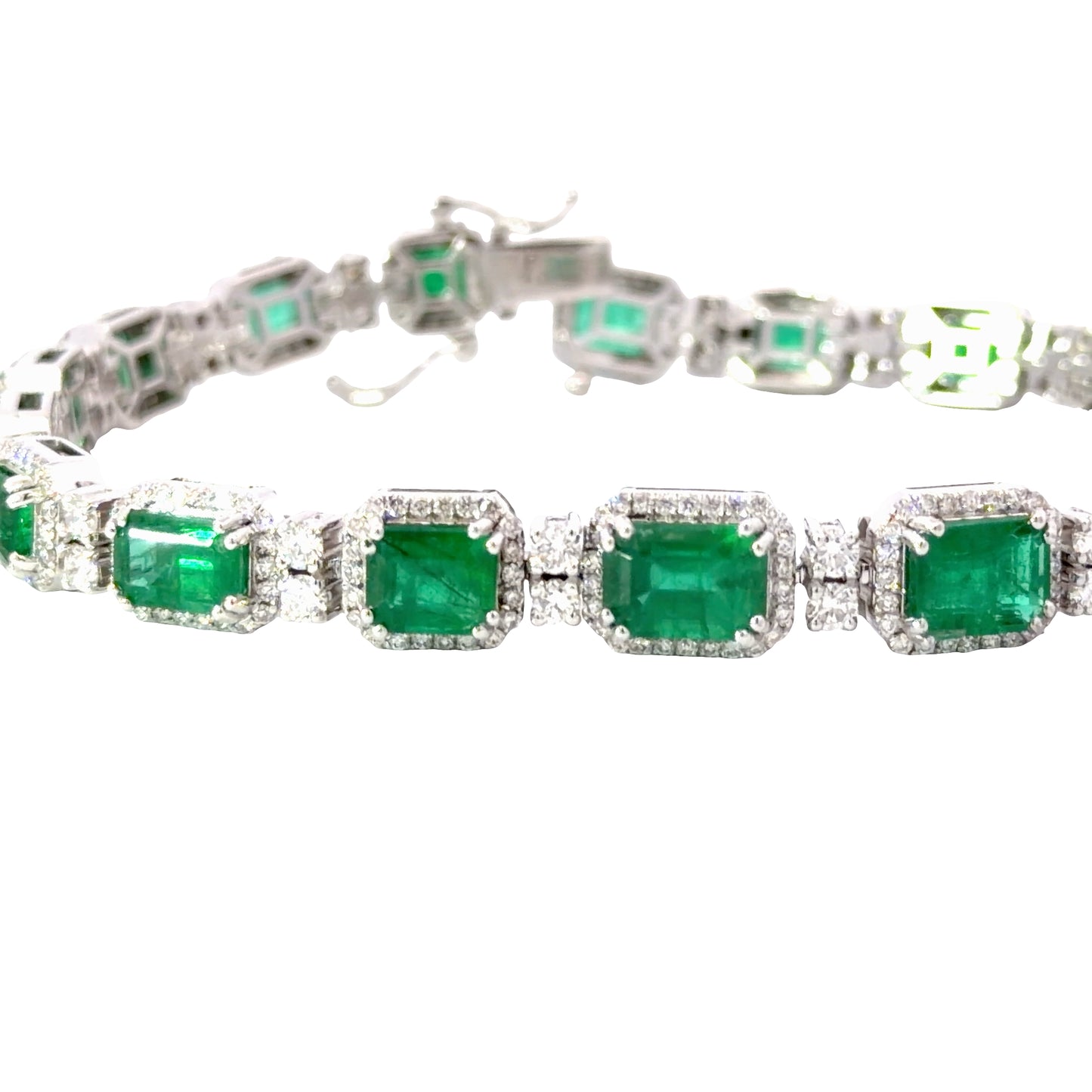 Elegant 18K White Gold Tennis Bracelet with Natural Emerald-Cut Emeralds and diamonds