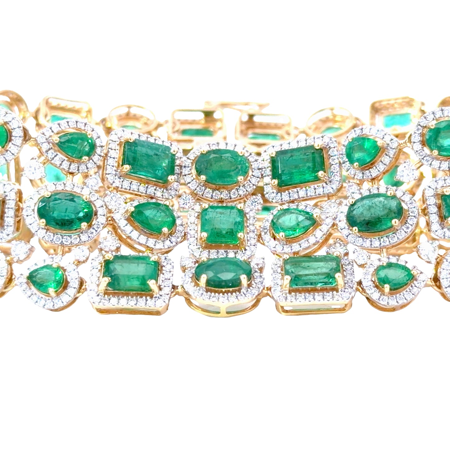 Natural Multi shape Emerald and Diamonds Halo Mosaic Bracelet in Yellow Gold