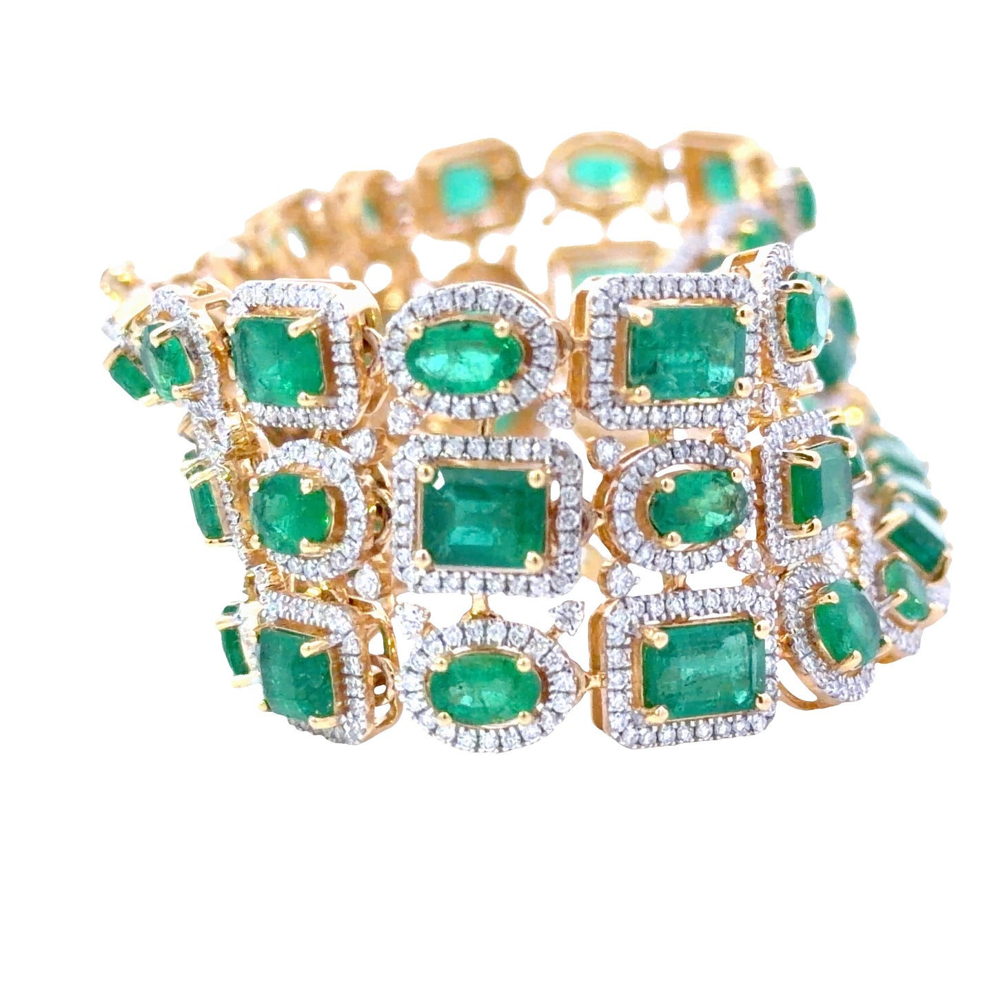 Natural Multi shape Emerald and Diamonds Halo Mosaic Bracelet in Yellow Gold