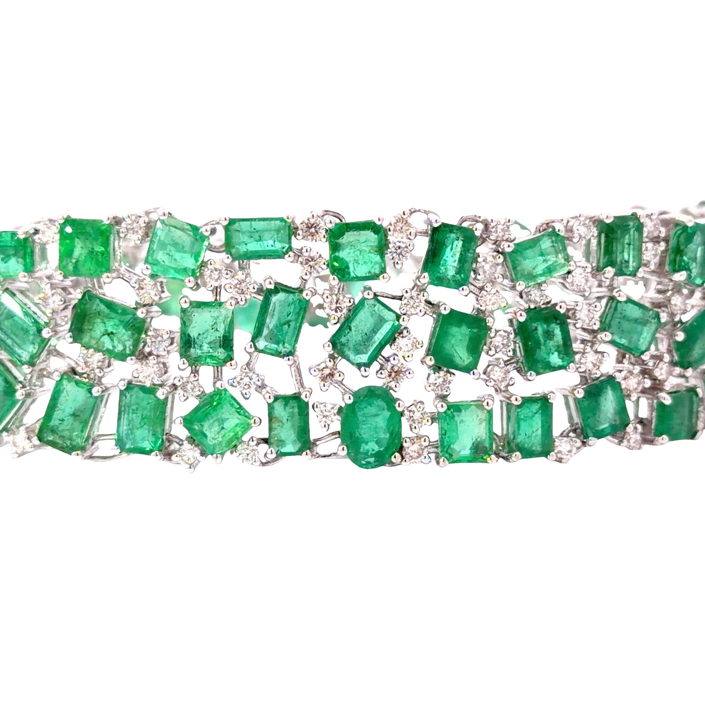 Natural multi shape Emerald and Round Diamond Wide Band Bracelet in White Gold