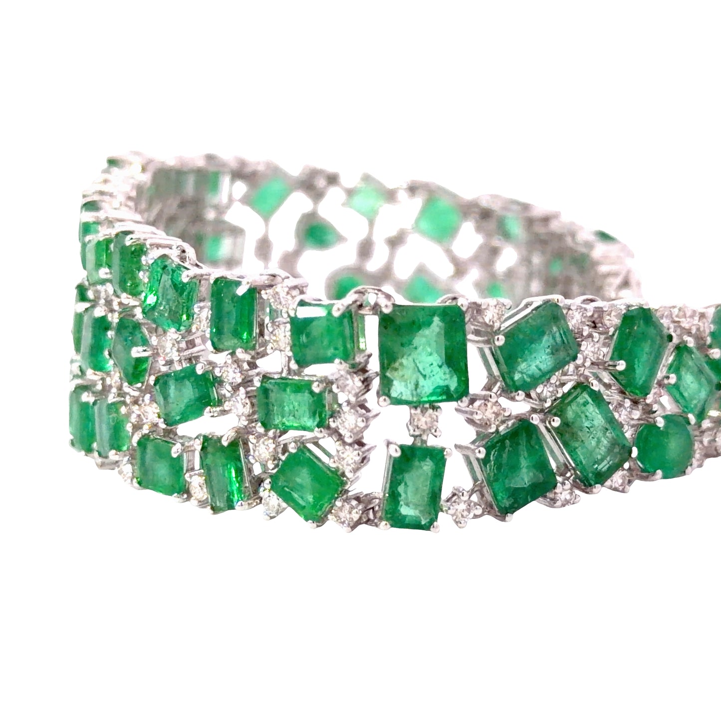 Natural multi shape Emerald and Round Diamond Wide Band Bracelet in White Gold