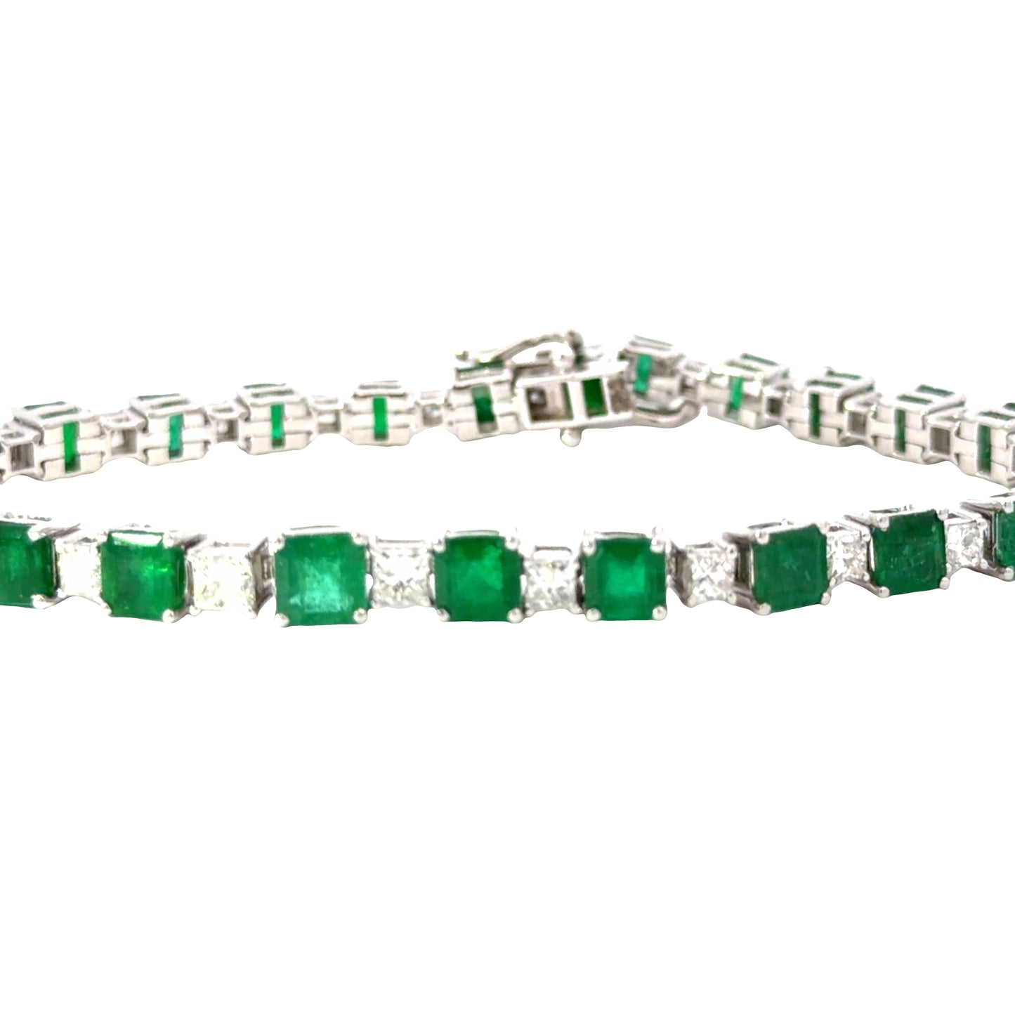 Natural Emerald cut Emeralds and diamonds set in White Gold Tennis Bracelet
