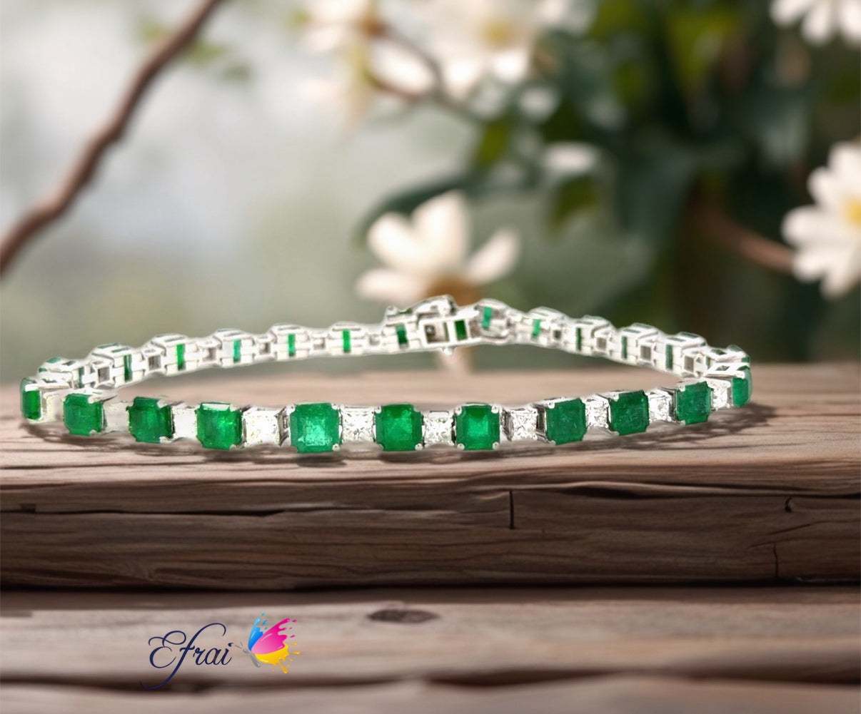 Natural Emerald cut Emeralds and diamonds set in White Gold Tennis Bracelet