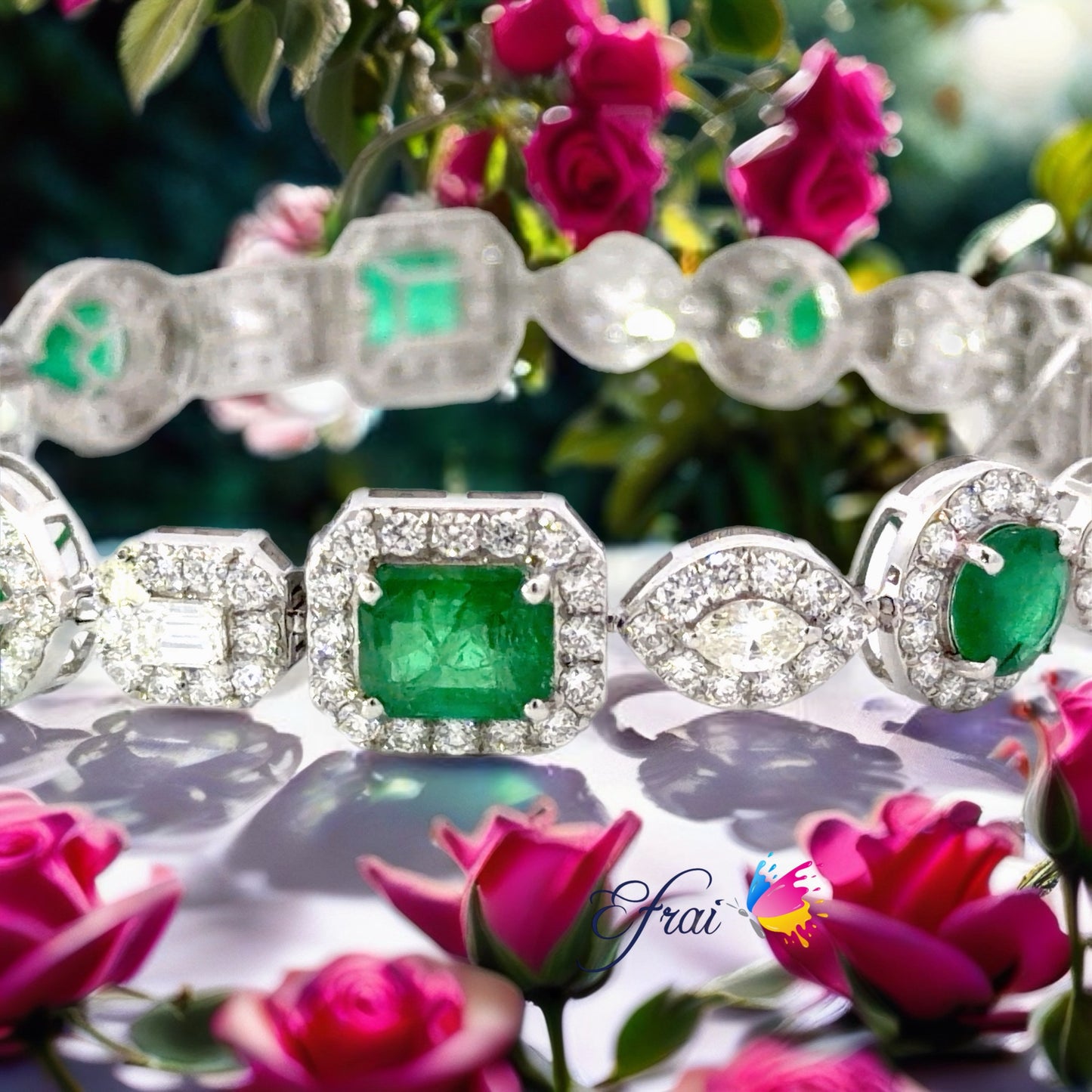 White Gold natural Emerald and Diamond Halo Link Bracelet