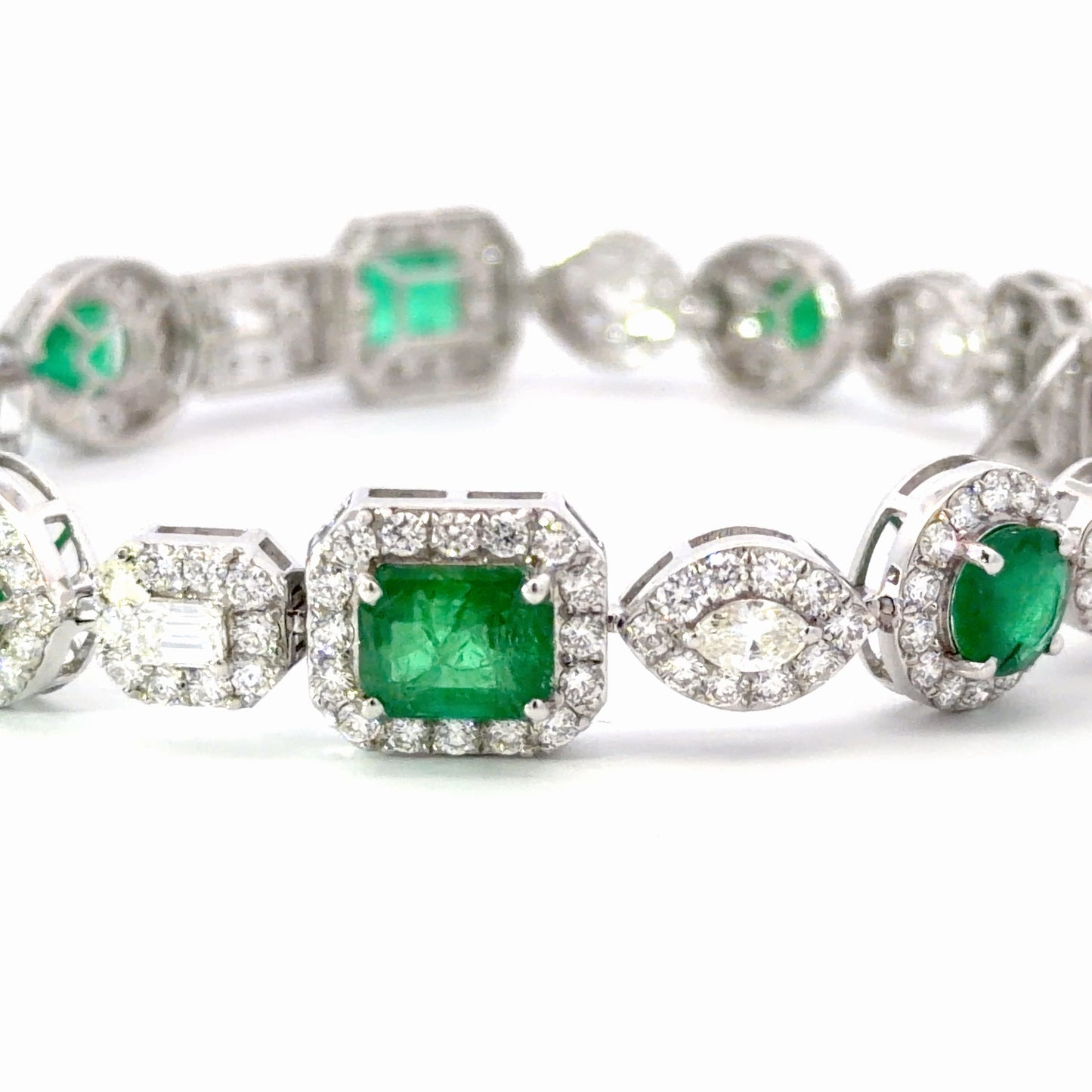 White Gold natural Emerald and Diamond Halo Link Bracelet