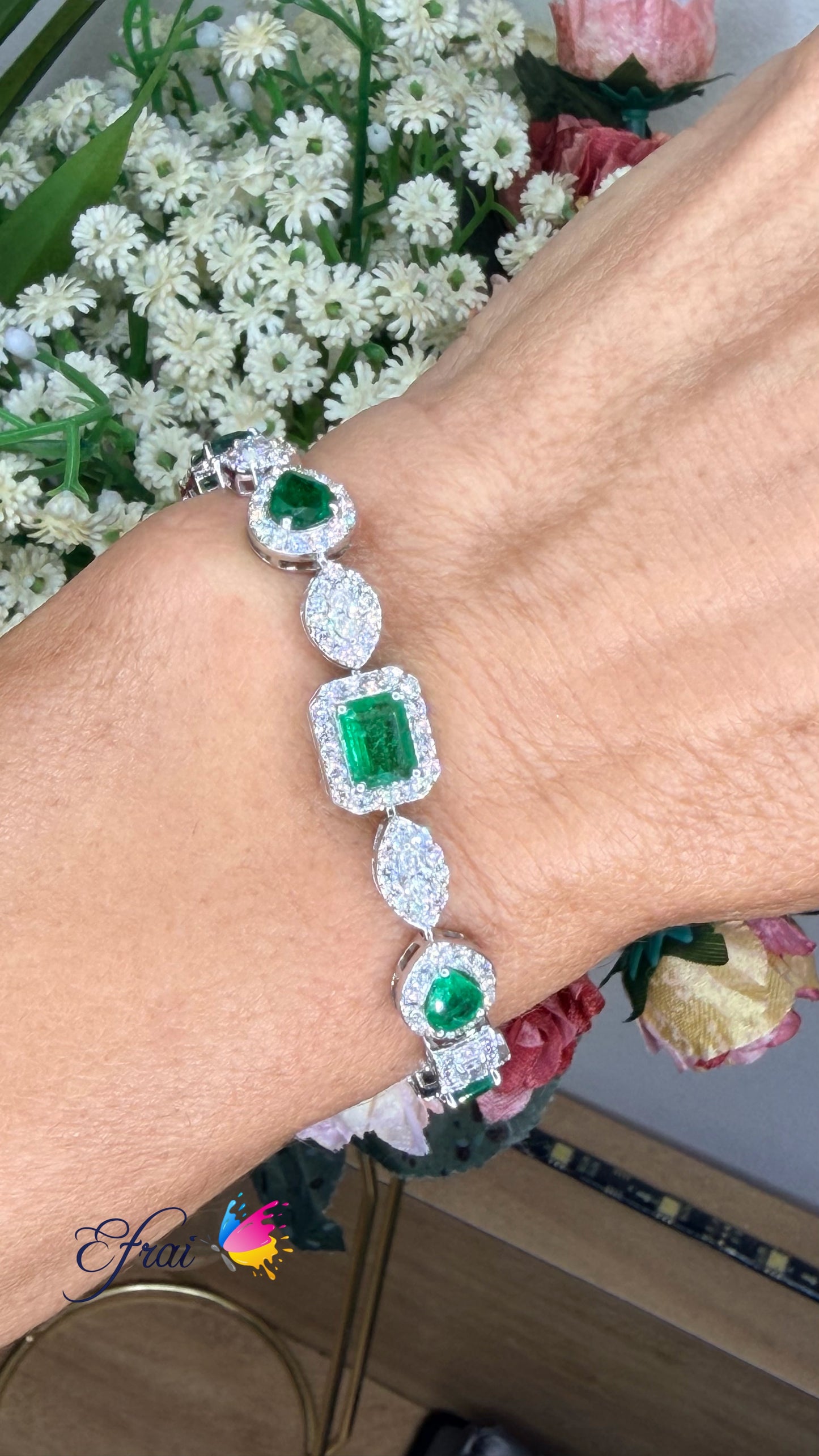 White Gold natural Emerald and Diamond Halo Link Bracelet