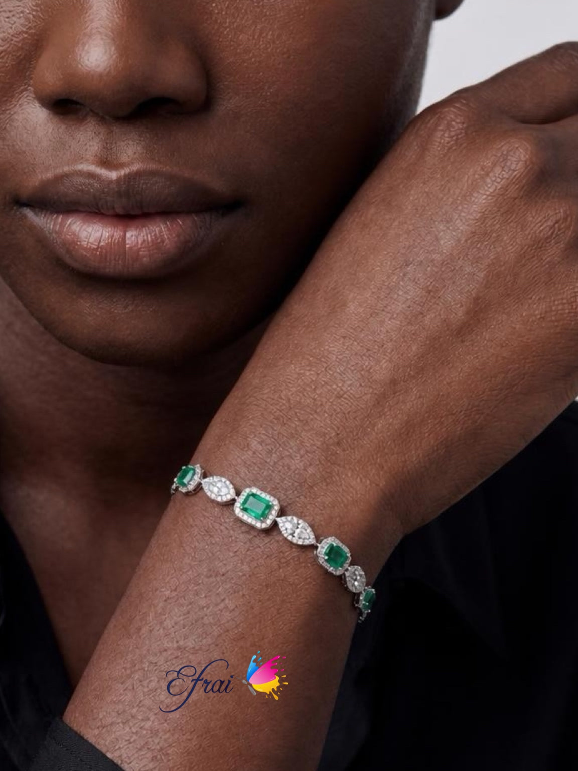 White Gold natural Emerald and Diamond Halo Link Bracelet