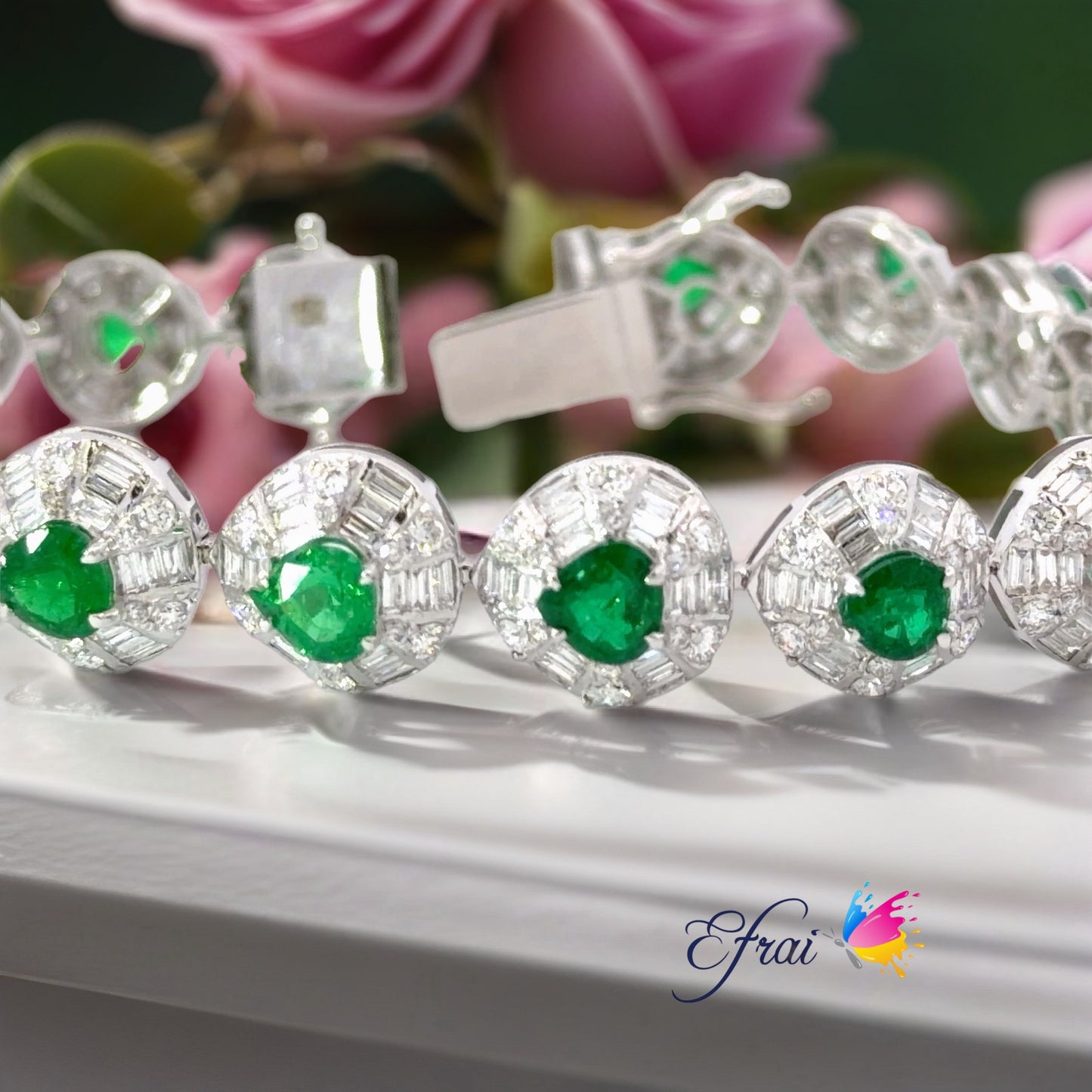 Natural Emerald and Diamond Halo Tennis Bracelet in White Gold