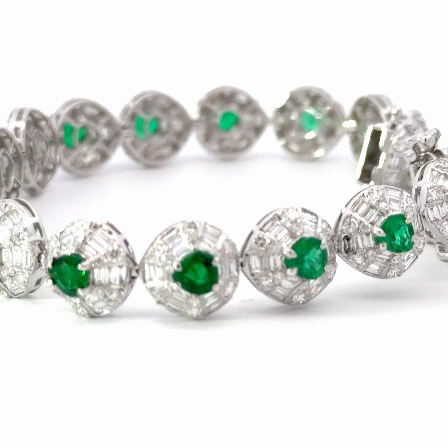 Natural Emerald and Diamond Halo Tennis Bracelet in White Gold